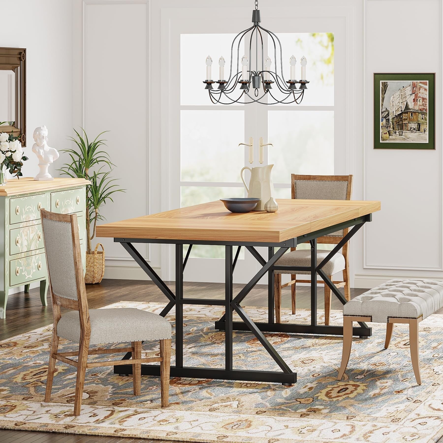 Farmhouse Dining Table for 6 People, 70.8-Inch Rectangular Wood Kitchen Table