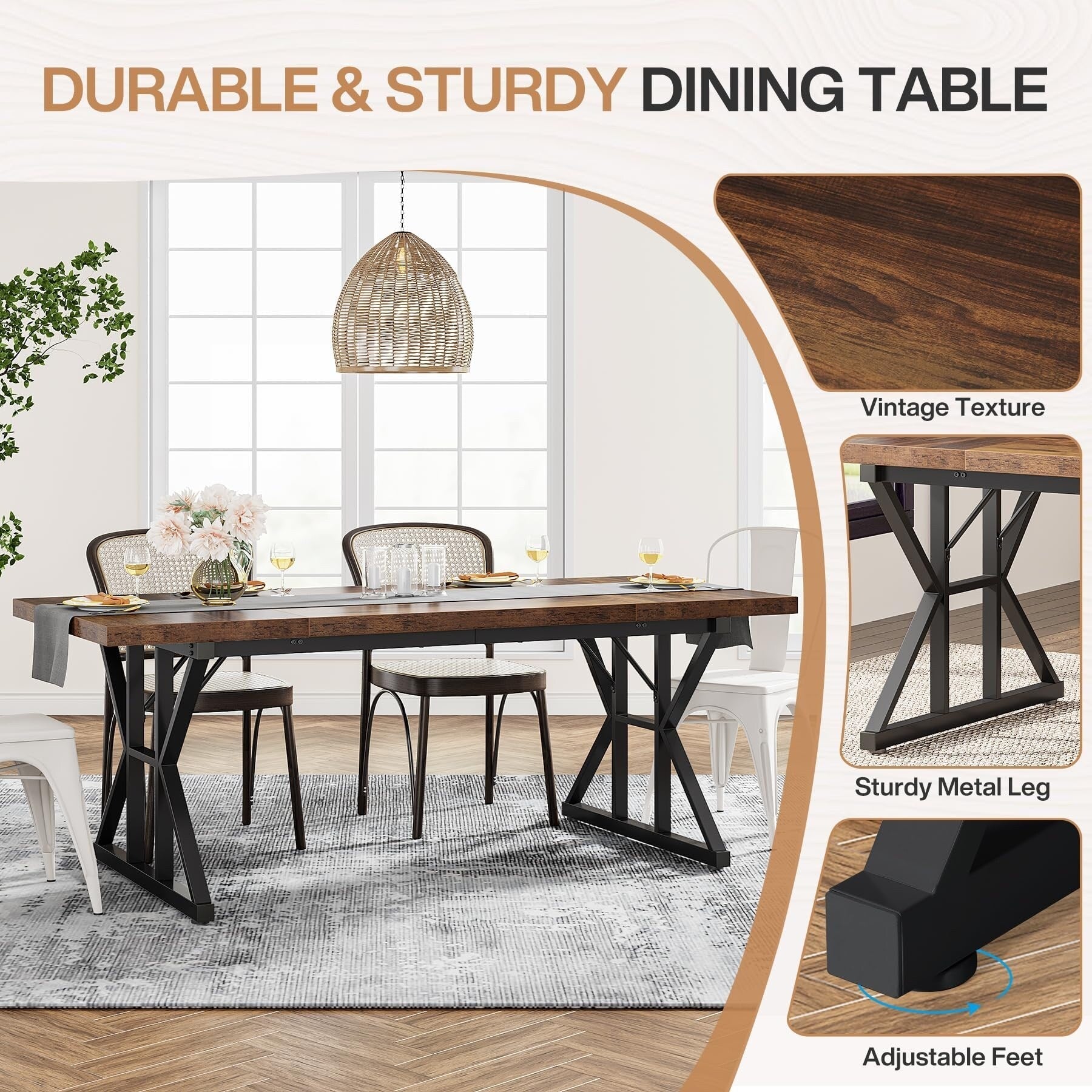 Farmhouse Dining Table for 6 People, 70.8-Inch Rectangular Wood Kitchen Table