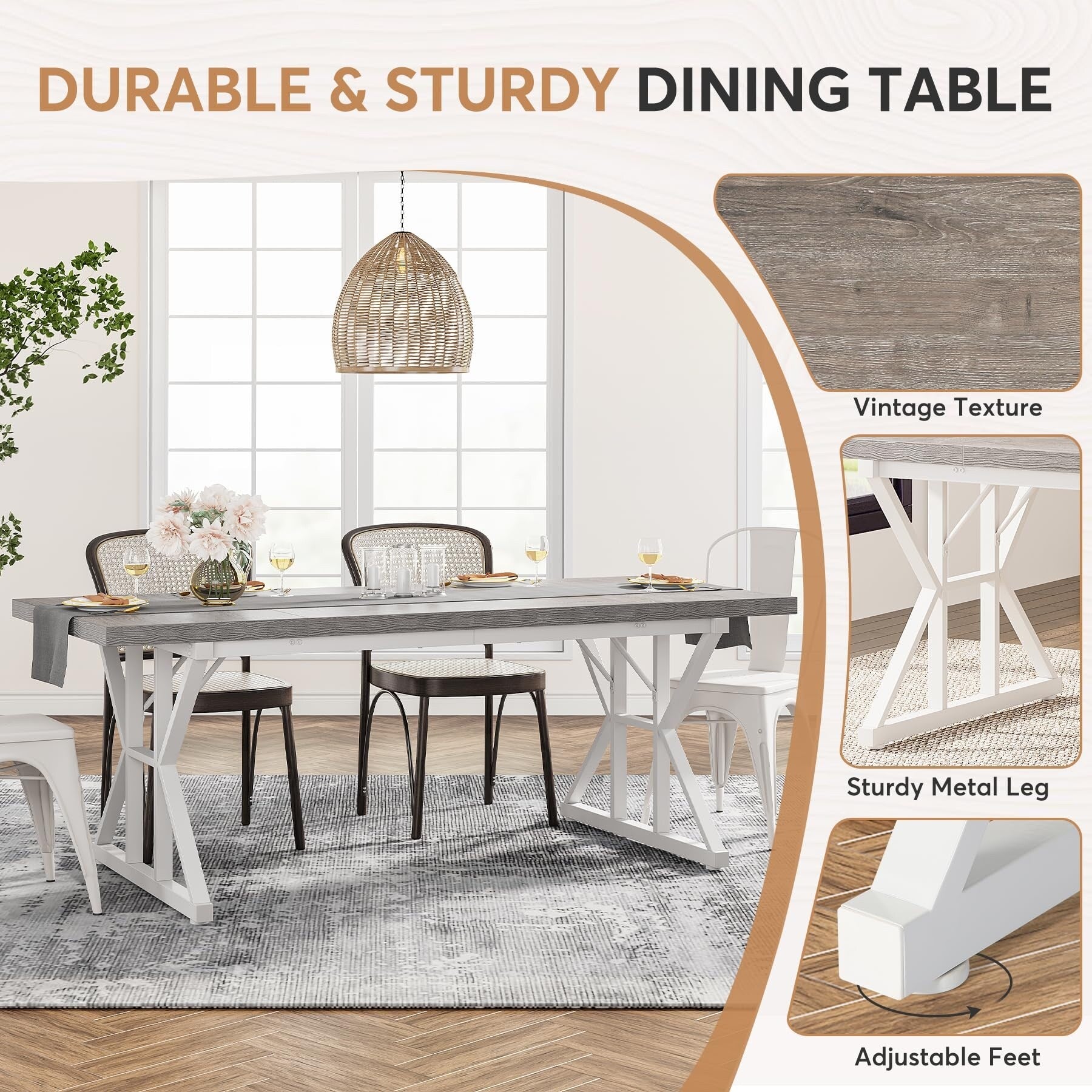 Farmhouse Dining Table for 6 People, 70.8-Inch Rectangular Wood Kitchen Table