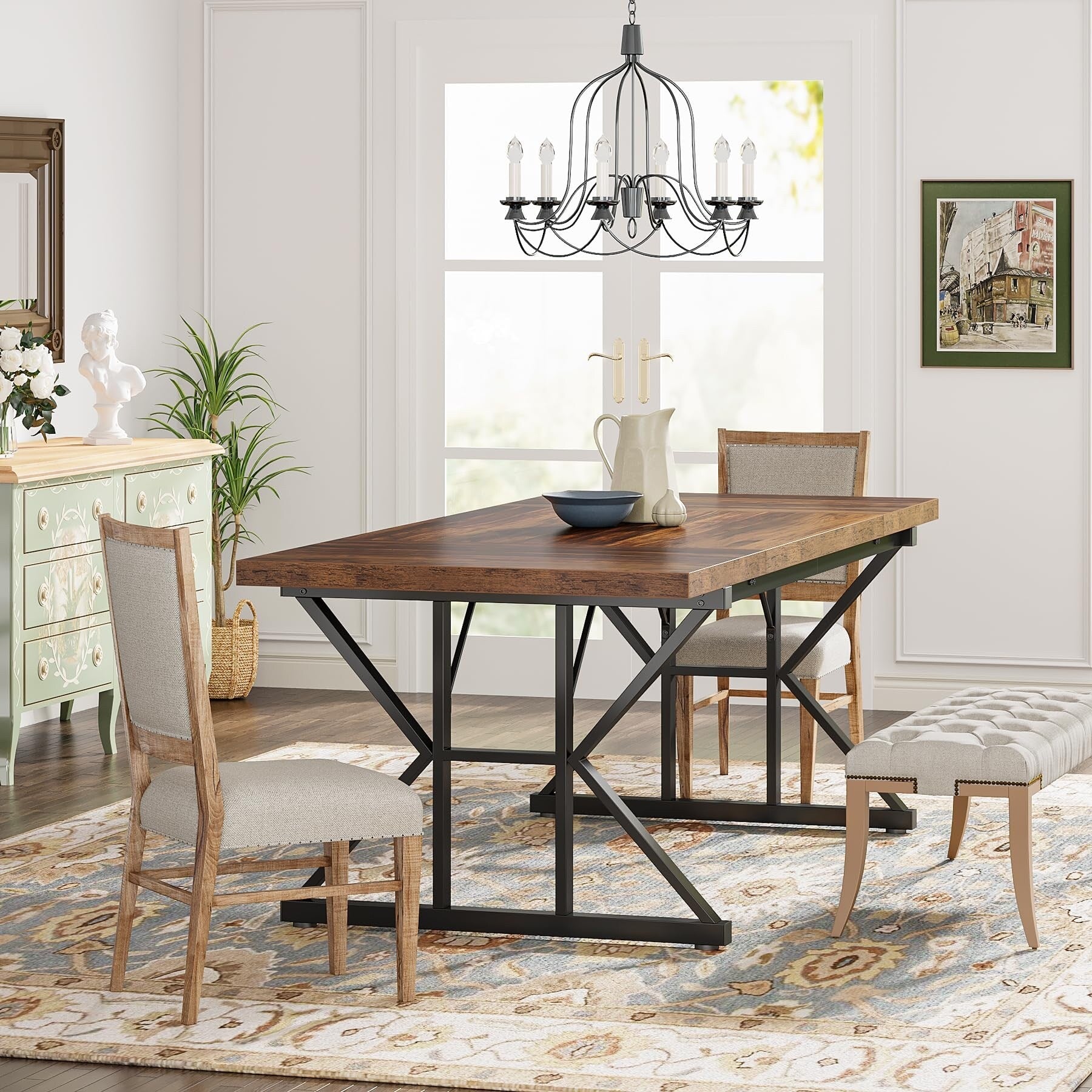 Farmhouse Dining Table for 6 People, 70.8-Inch Rectangular Wood Kitchen Table