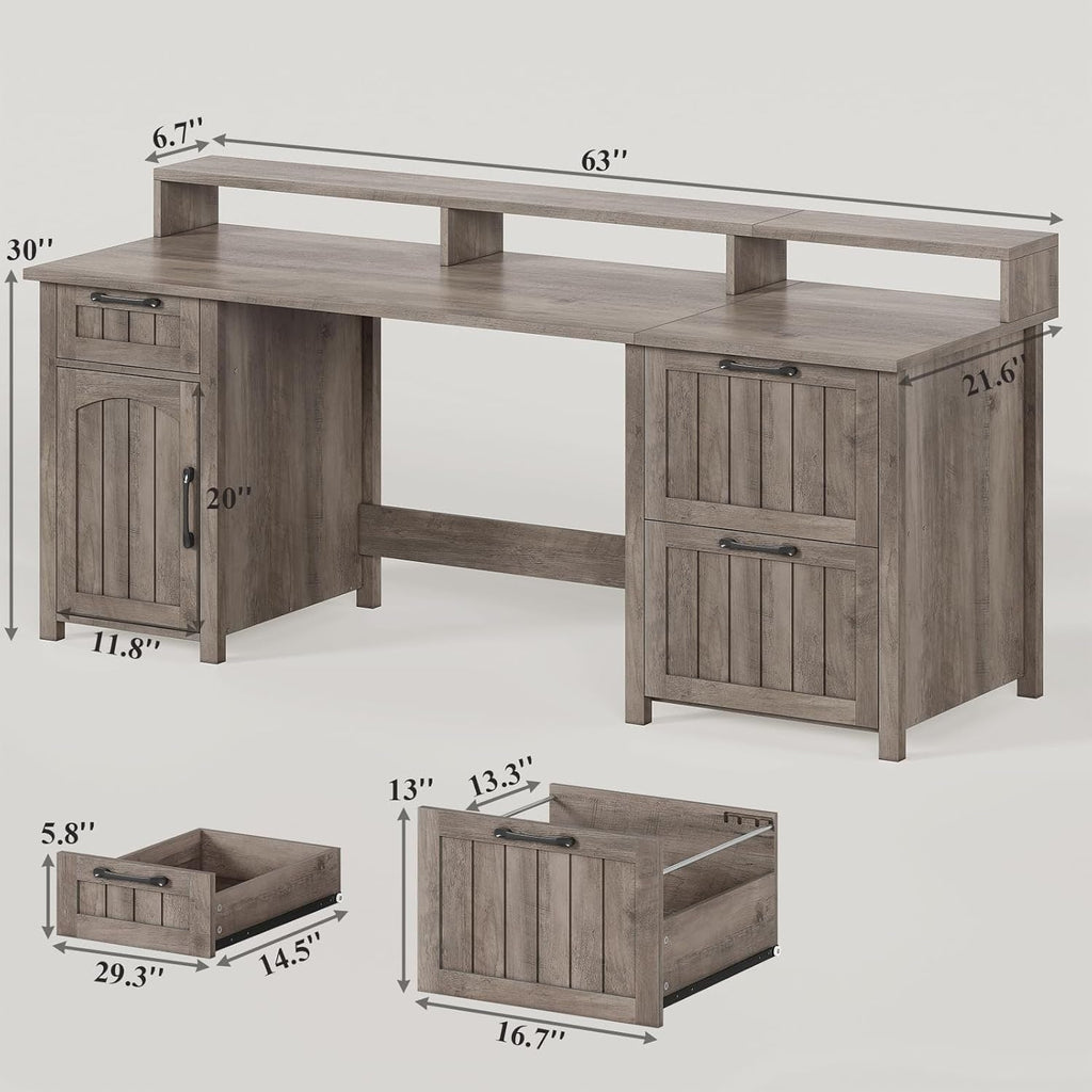 Farmhouse Executive Desk Home Office Desk File Drawer Monitor Stand Power Outlet