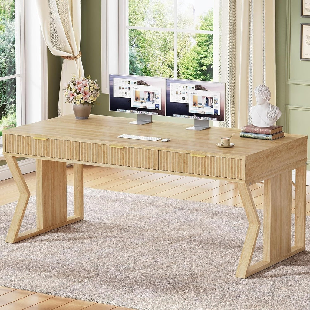 Farmhouse Executive Desk Home Office Desk File Drawer Monitor Stand Power Outlet