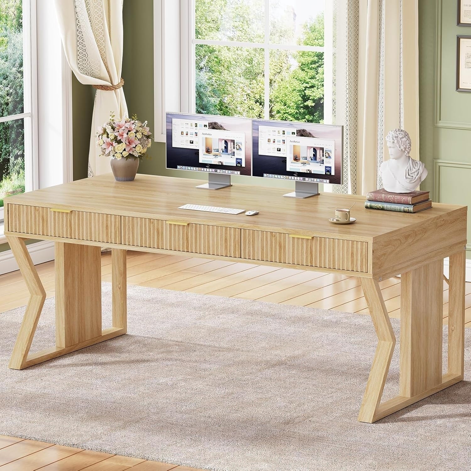 Farmhouse Executive Desk Home Office Desk File Drawer Monitor Stand Power Outlet
