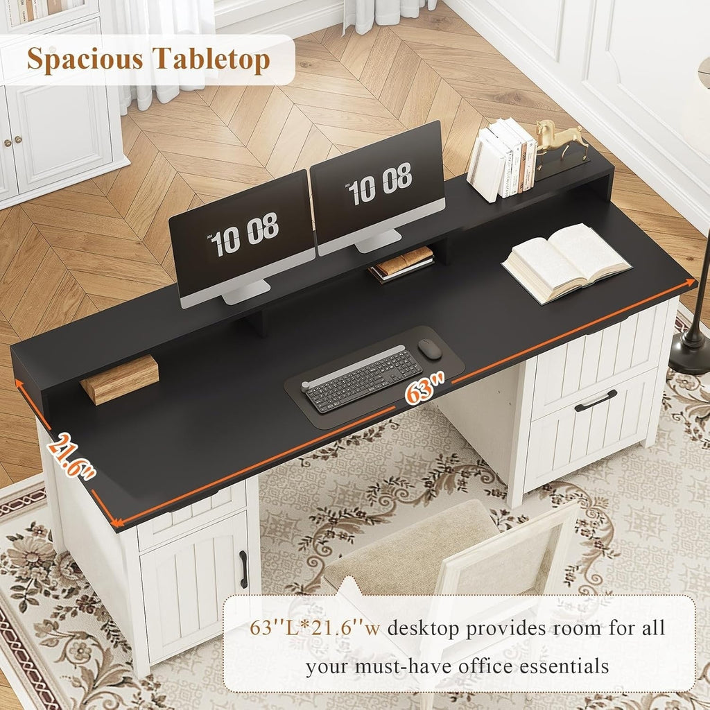 Farmhouse Executive Desk Home Office Desk File Drawer Monitor Stand Power Outlet