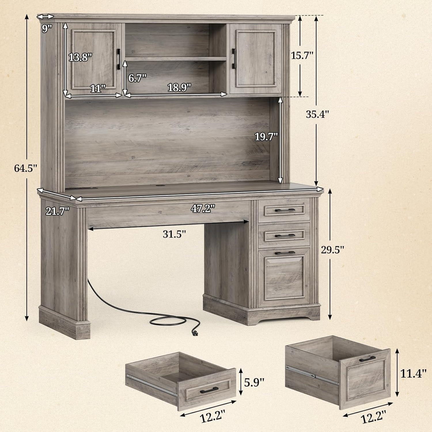 Farmhouse Executive Desk Home Office Desk File Drawer Monitor Stand Power Outlet