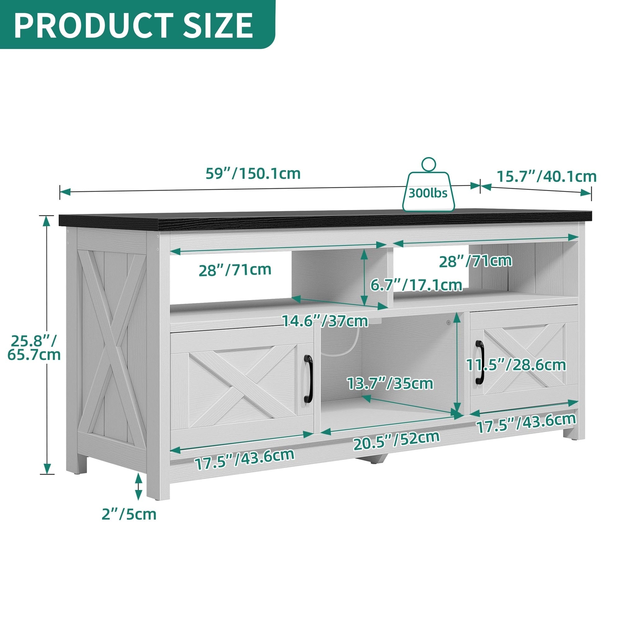 Farmhouse TV Stand for up to 65 TV with Doors and Open Shelves Media Console Power Outlet