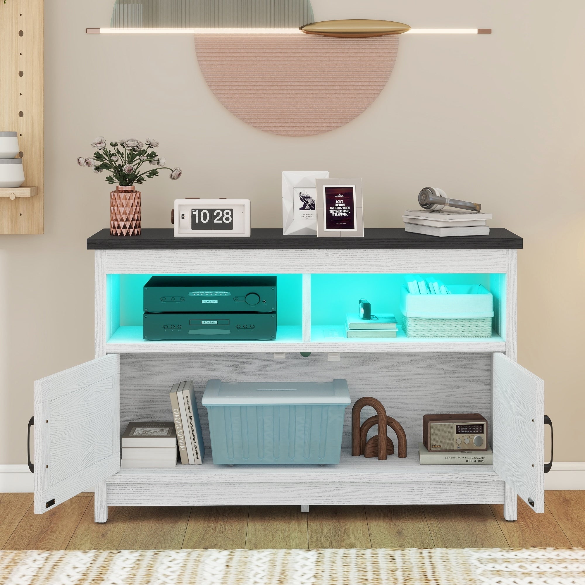Farmhouse TV Stand for up to 65 TV with Doors and Open Shelves Media Console Power Outlet