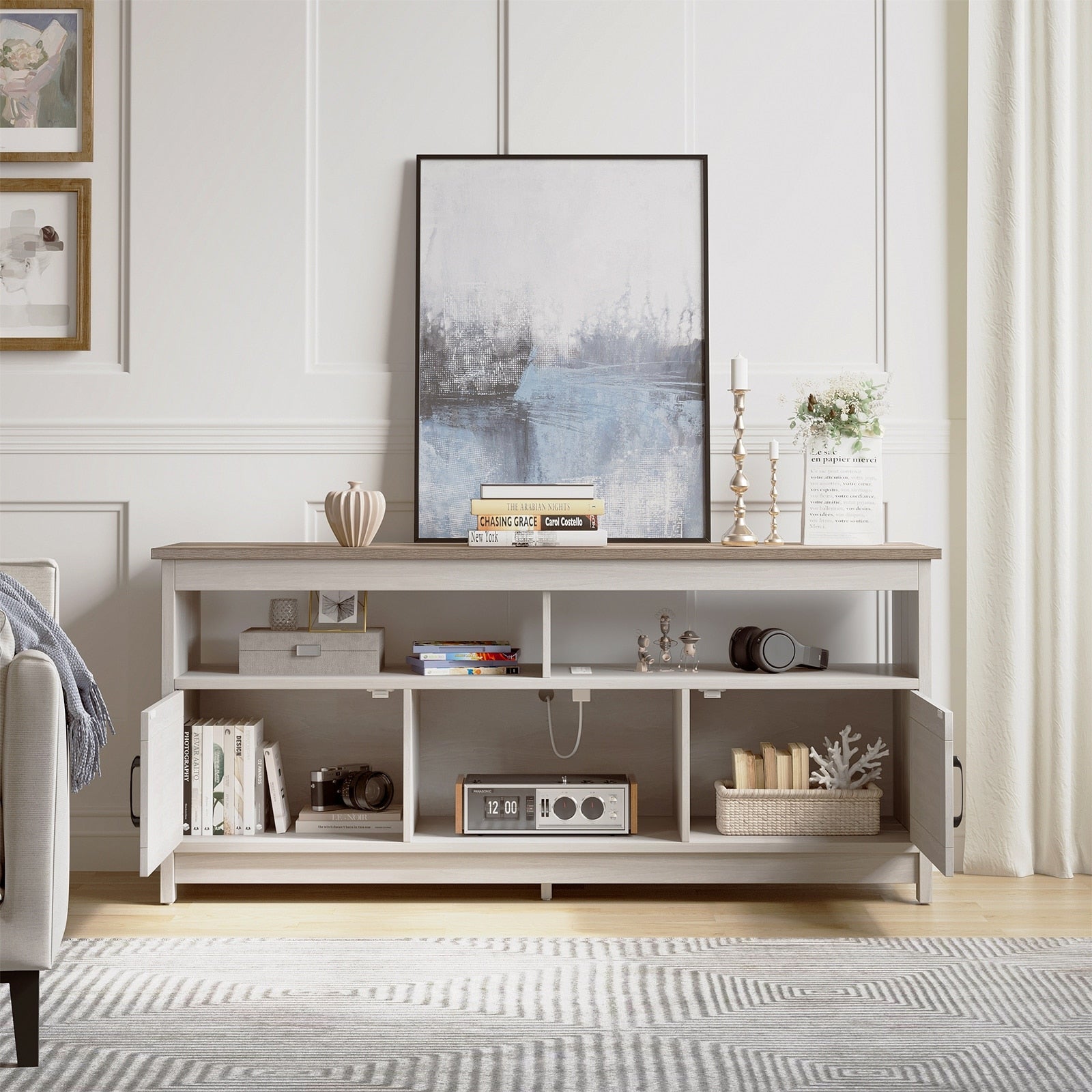 Farmhouse TV Stand for up to 65 TV with Doors and Open Shelves Media Console Power Outlet