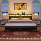 Farmhouse Wood Platform Bed Frame with Charged Station and LED Lights