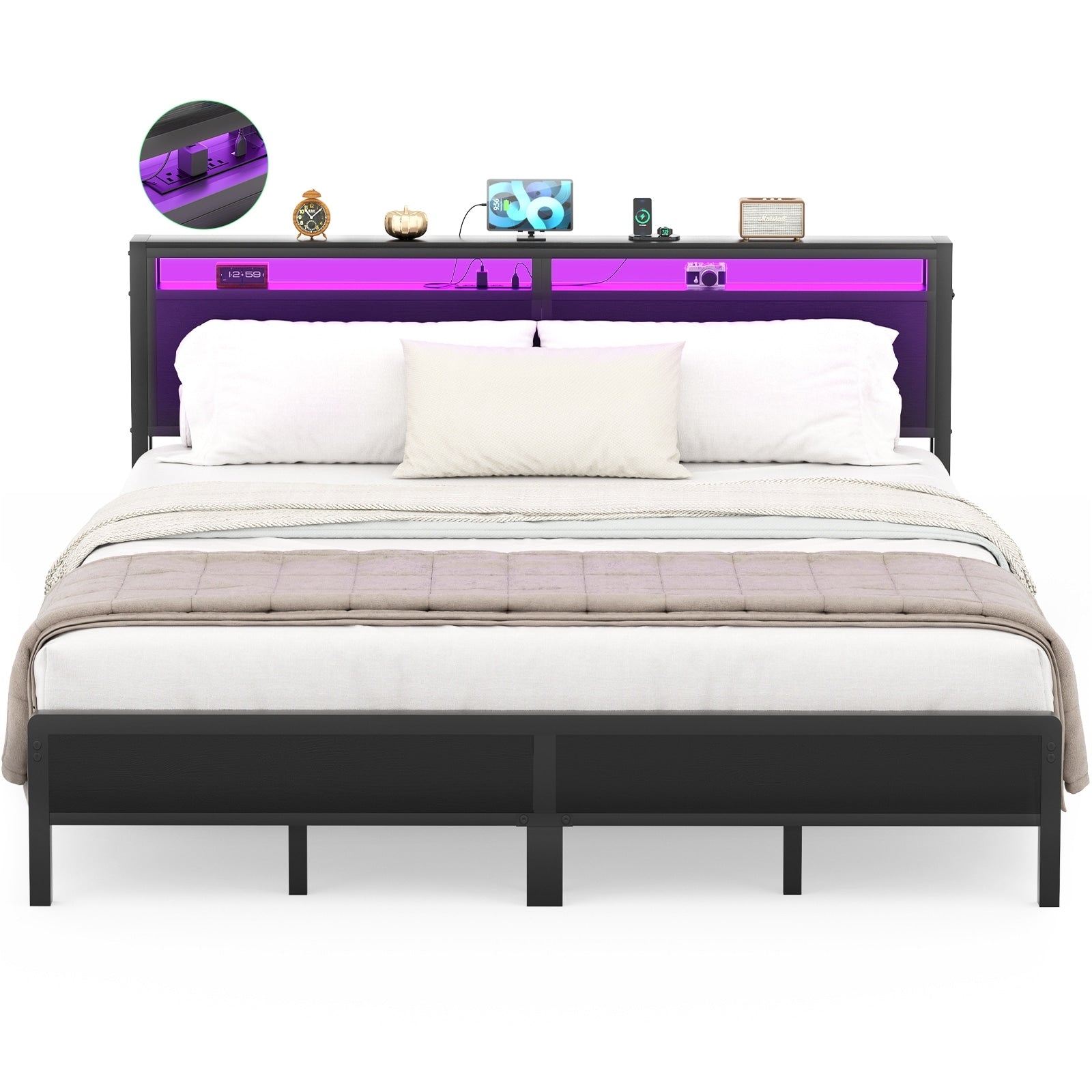 Farmhouse Wood Platform Bed Frame with Charged Station and LED Lights