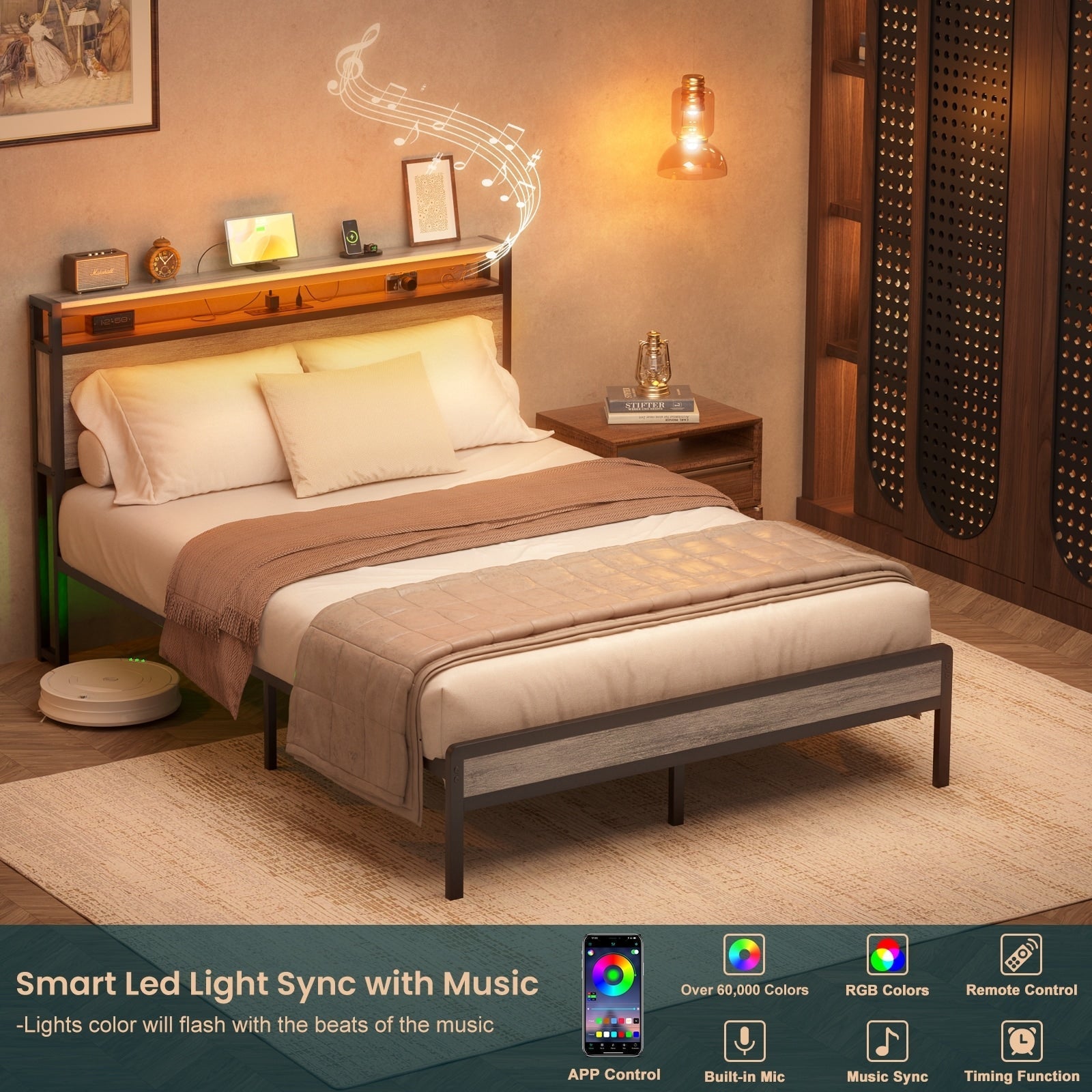 Farmhouse Wood Platform Bed Frame with Charged Station and LED Lights