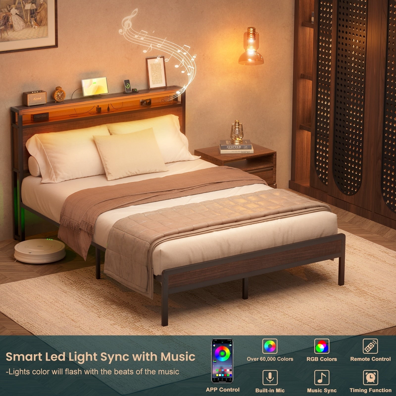 Farmhouse Wood Platform Bed Frame with Charged Station and LED Lights