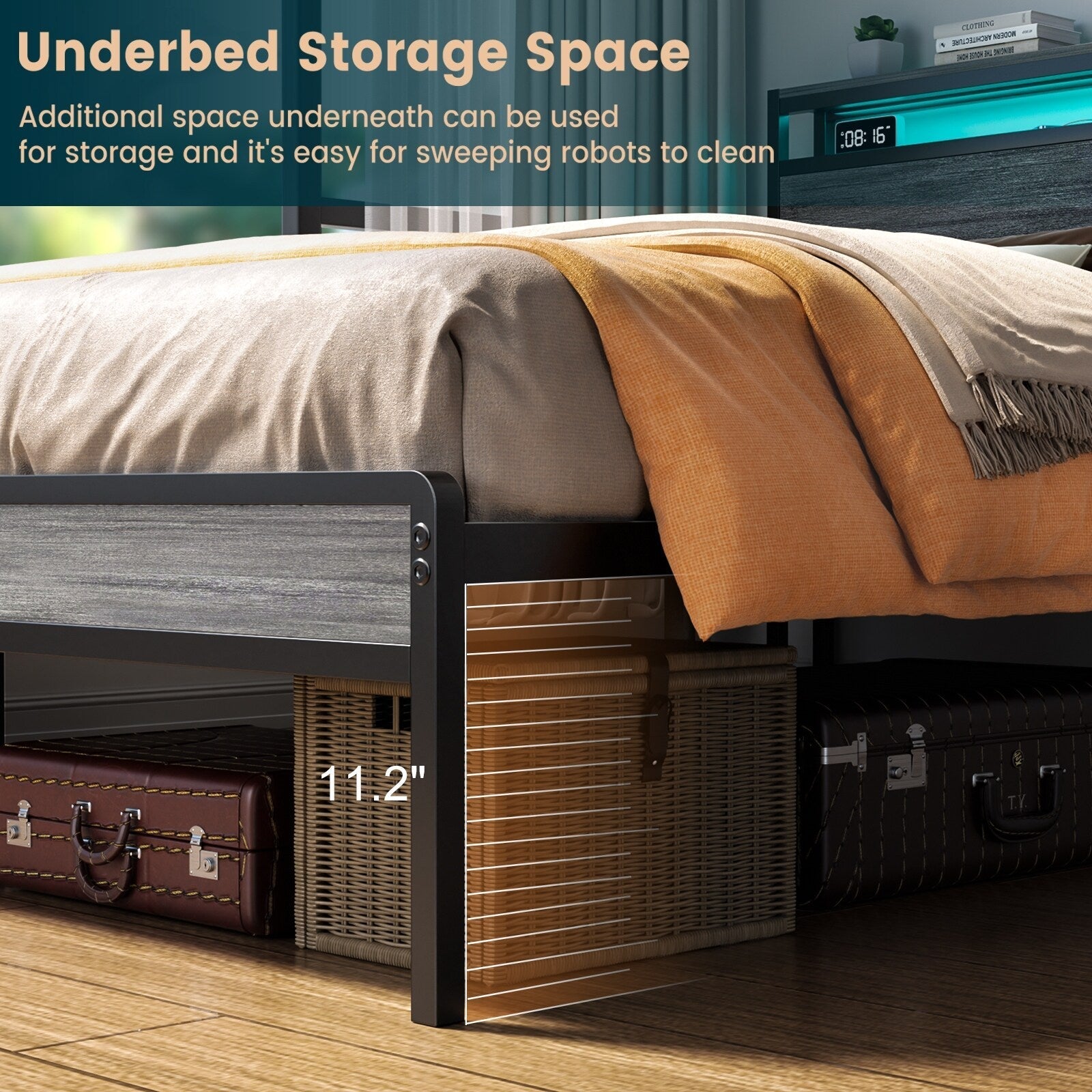 Farmhouse Wood Platform Bed Frame with Charged Station and LED Lights
