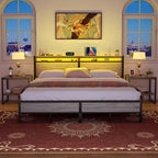 Farmhouse Wood Platform Bed Frame with Charged Station and LED Lights