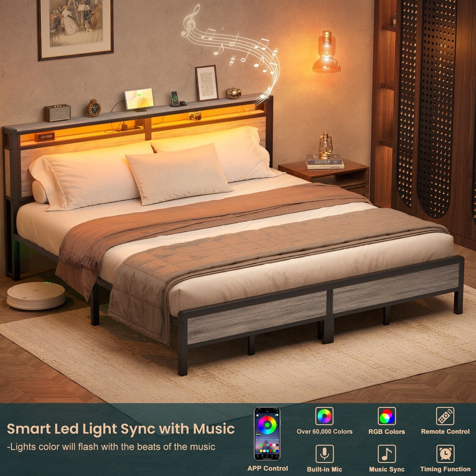 Farmhouse Wood Platform Bed Frame with Charged Station and LED Lights