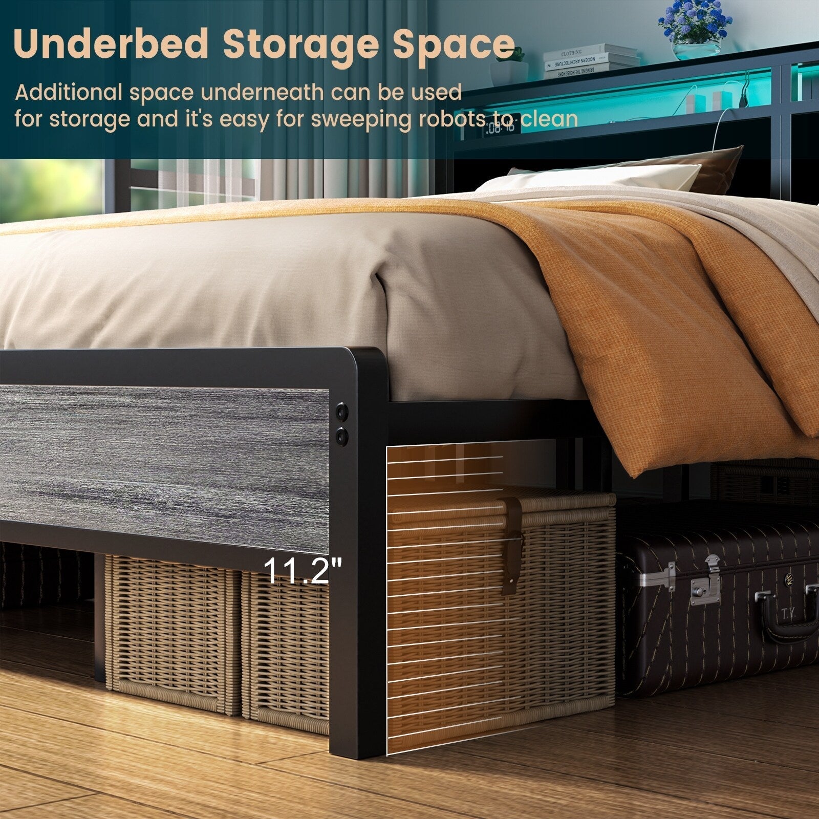 Farmhouse Wood Platform Bed Frame with Charged Station and LED Lights