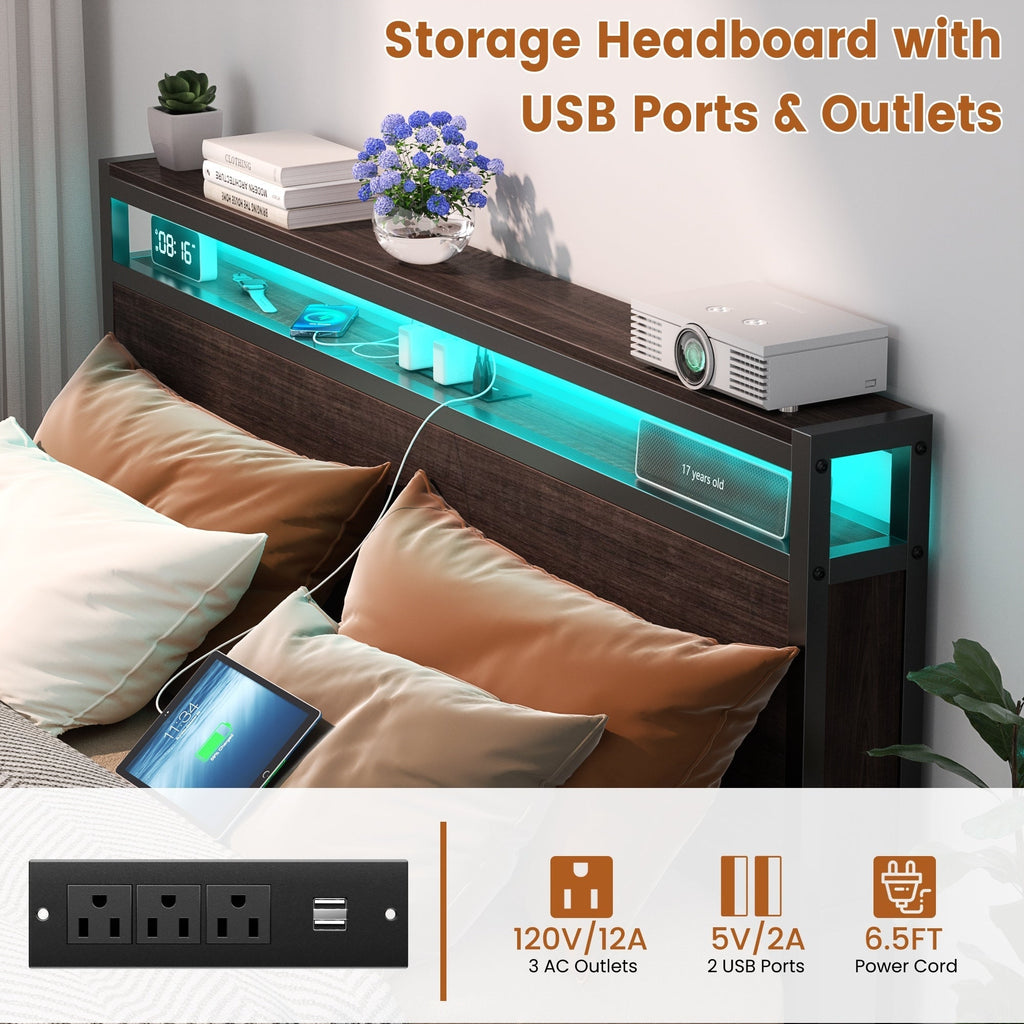 Farmhouse Wood Platform Bed Frame with Charged Station and LED Lights