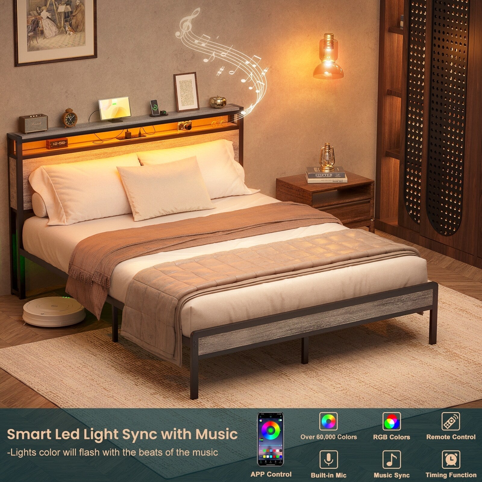 Farmhouse Wood Platform Bed Frame with Charged Station and LED Lights