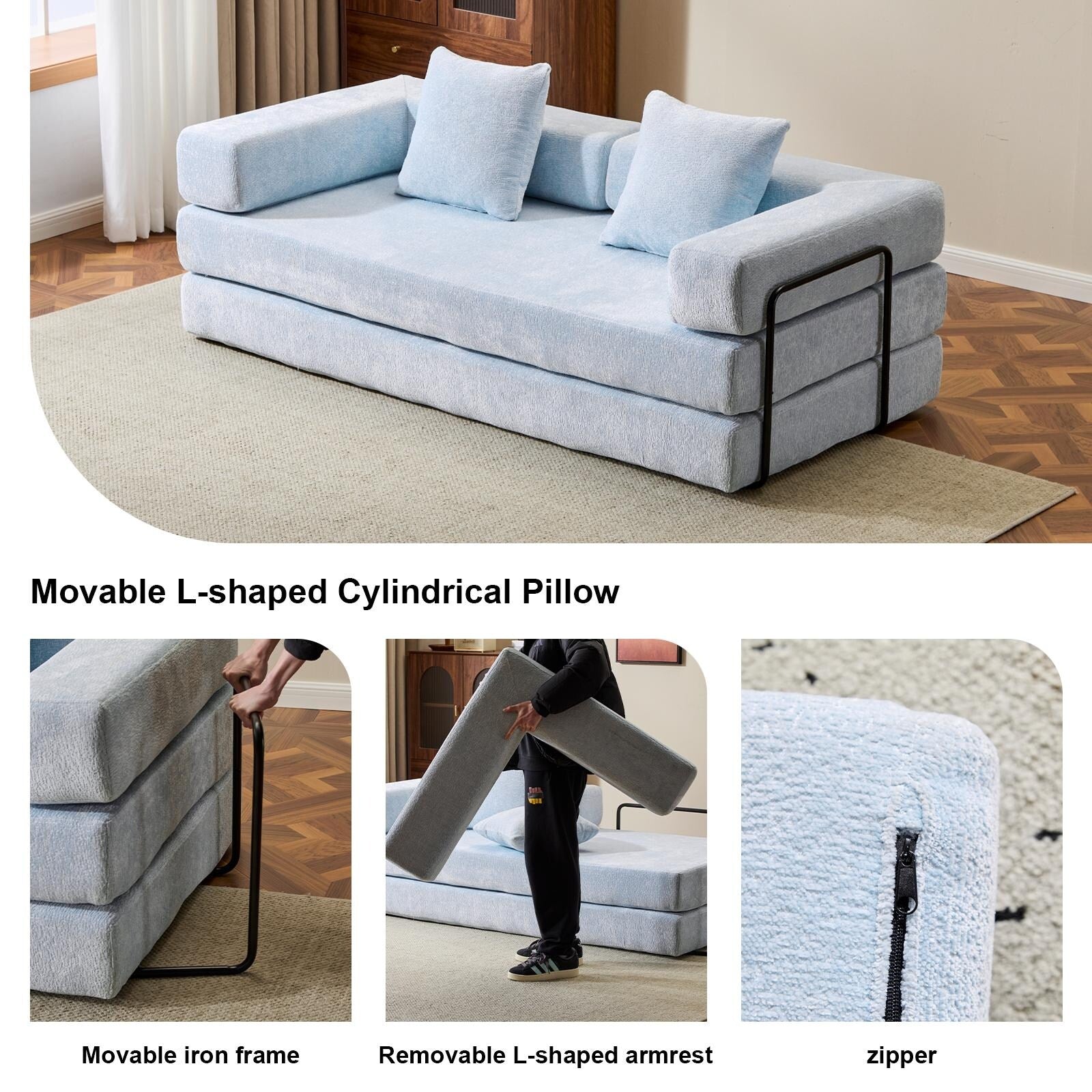 Floor Sofa Bed Convertible with Pillow Back Chenille Fabric for Living Room Bedroom