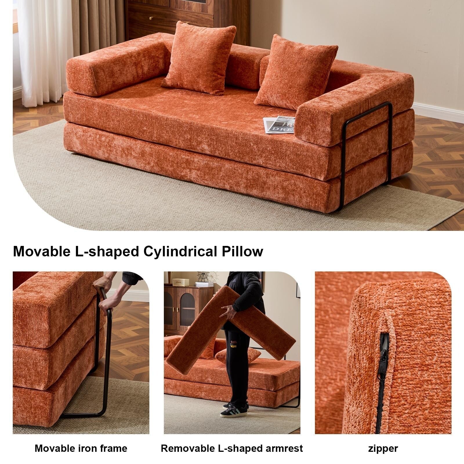Floor Sofa Bed Convertible with Pillow Back Chenille Fabric for Living Room Bedroom