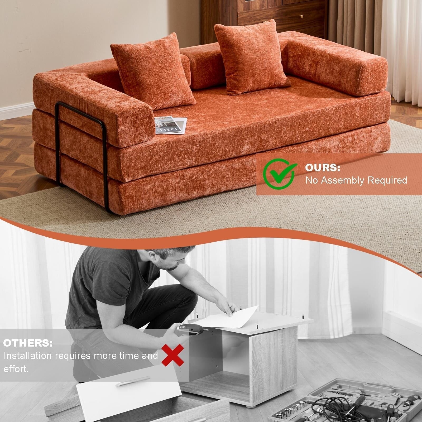 Floor Sofa Bed Convertible with Pillow Back Chenille Fabric for Living Room Bedroom