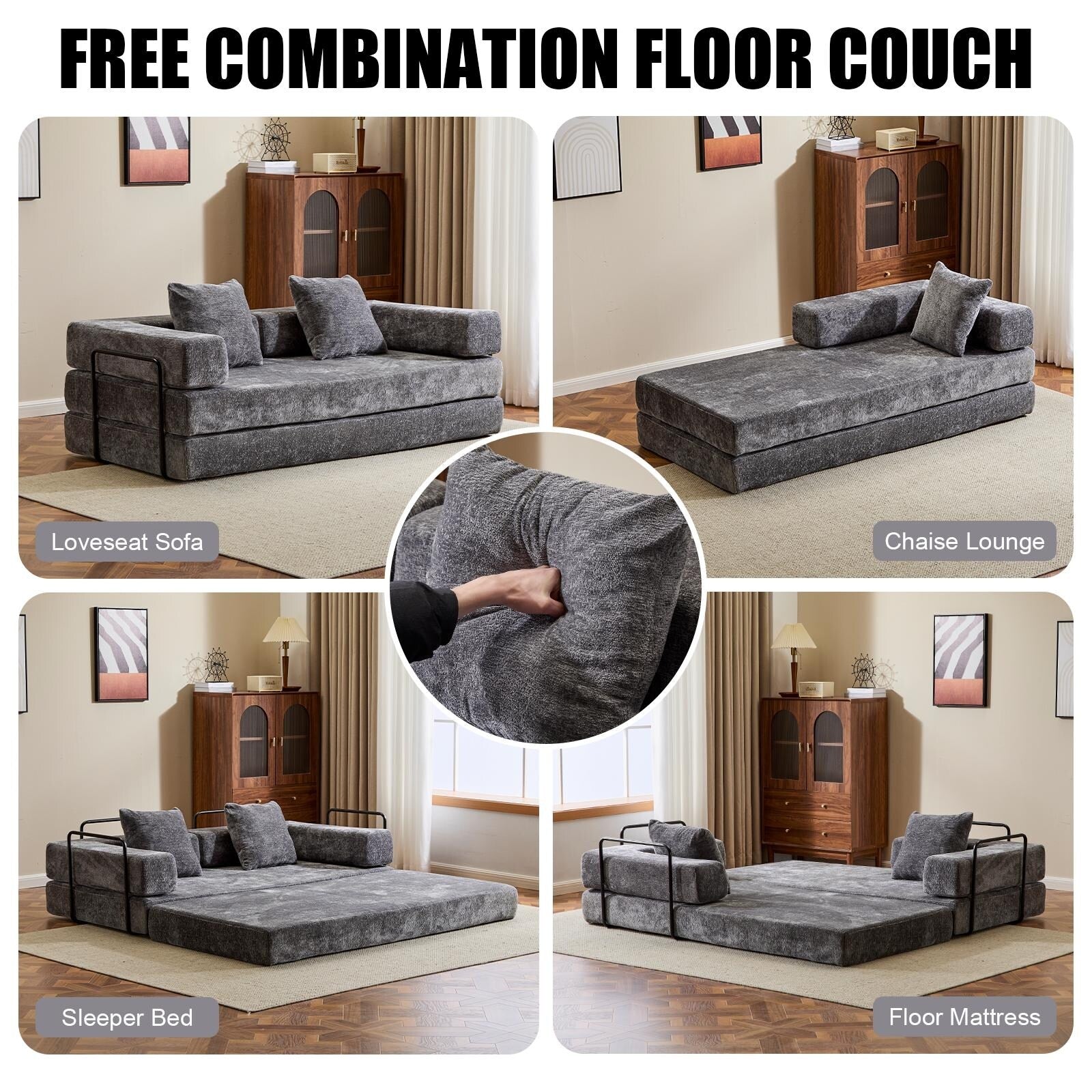 Floor Sofa Bed Convertible with Pillow Back Chenille Fabric for Living Room Bedroom
