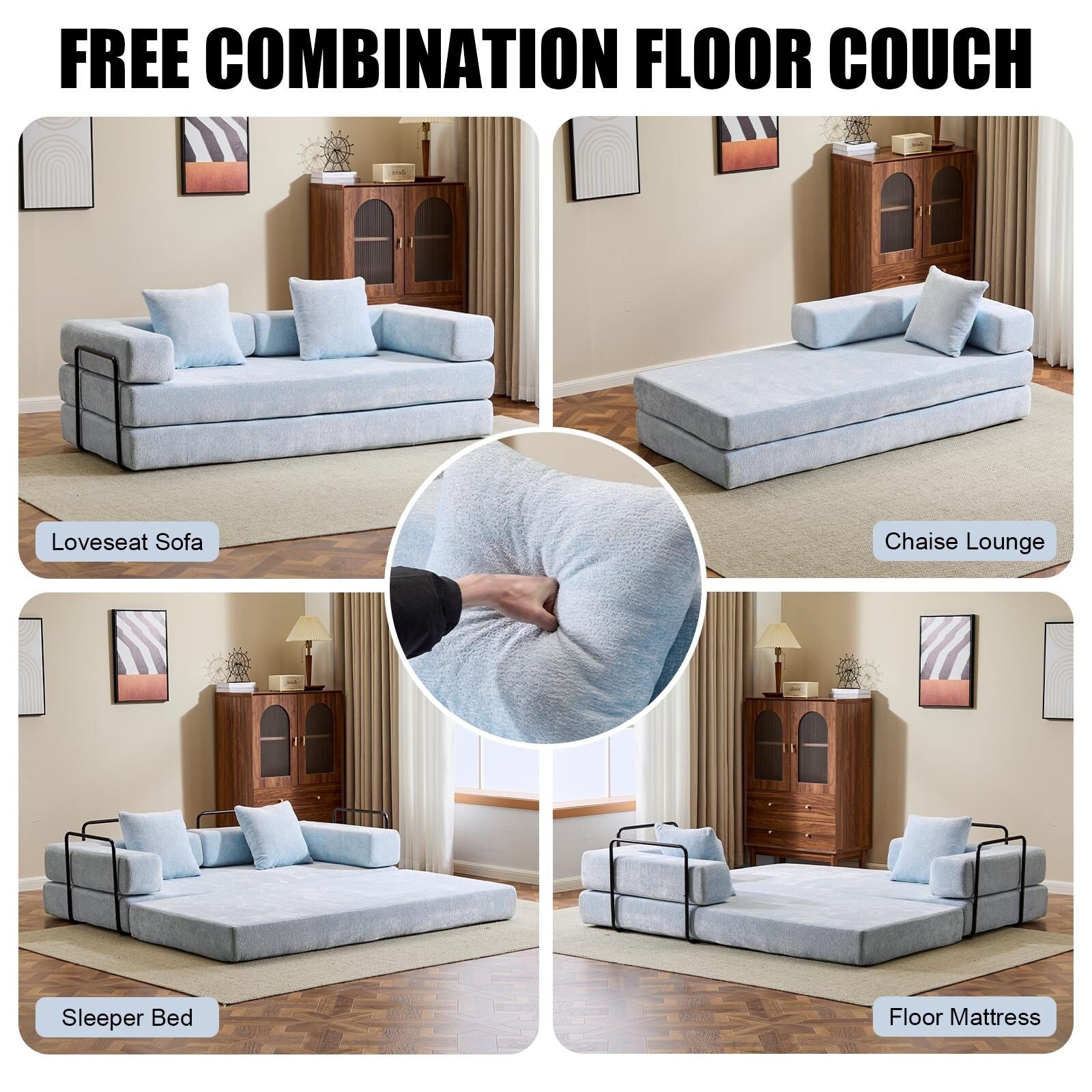 Floor Sofa Bed Convertible with Pillow Back Chenille Fabric for Living Room Bedroom