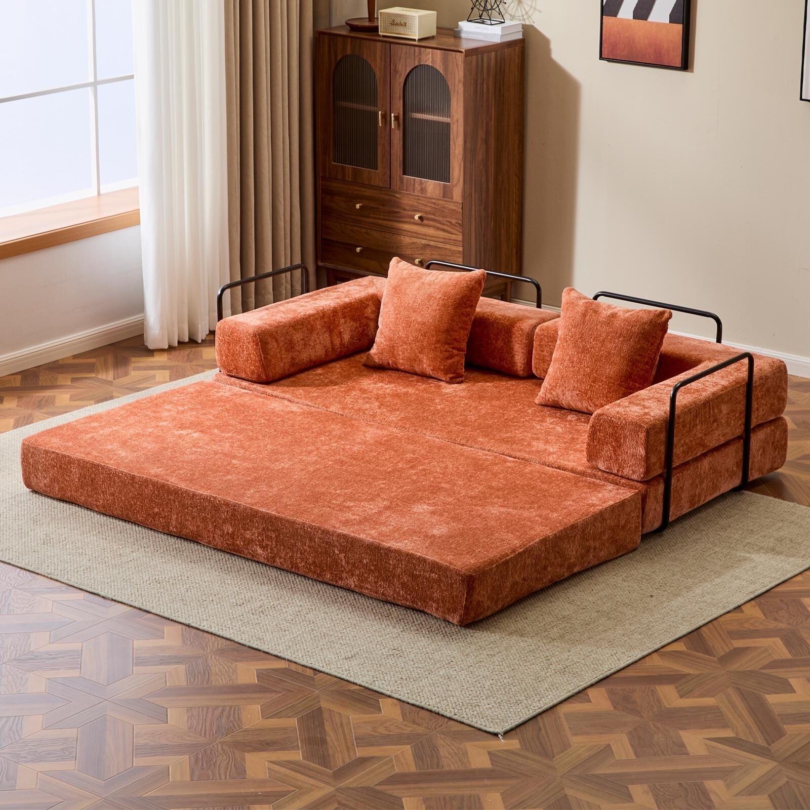 Floor Sofa Bed Convertible with Pillow Back Chenille Fabric for Living Room Bedroom
