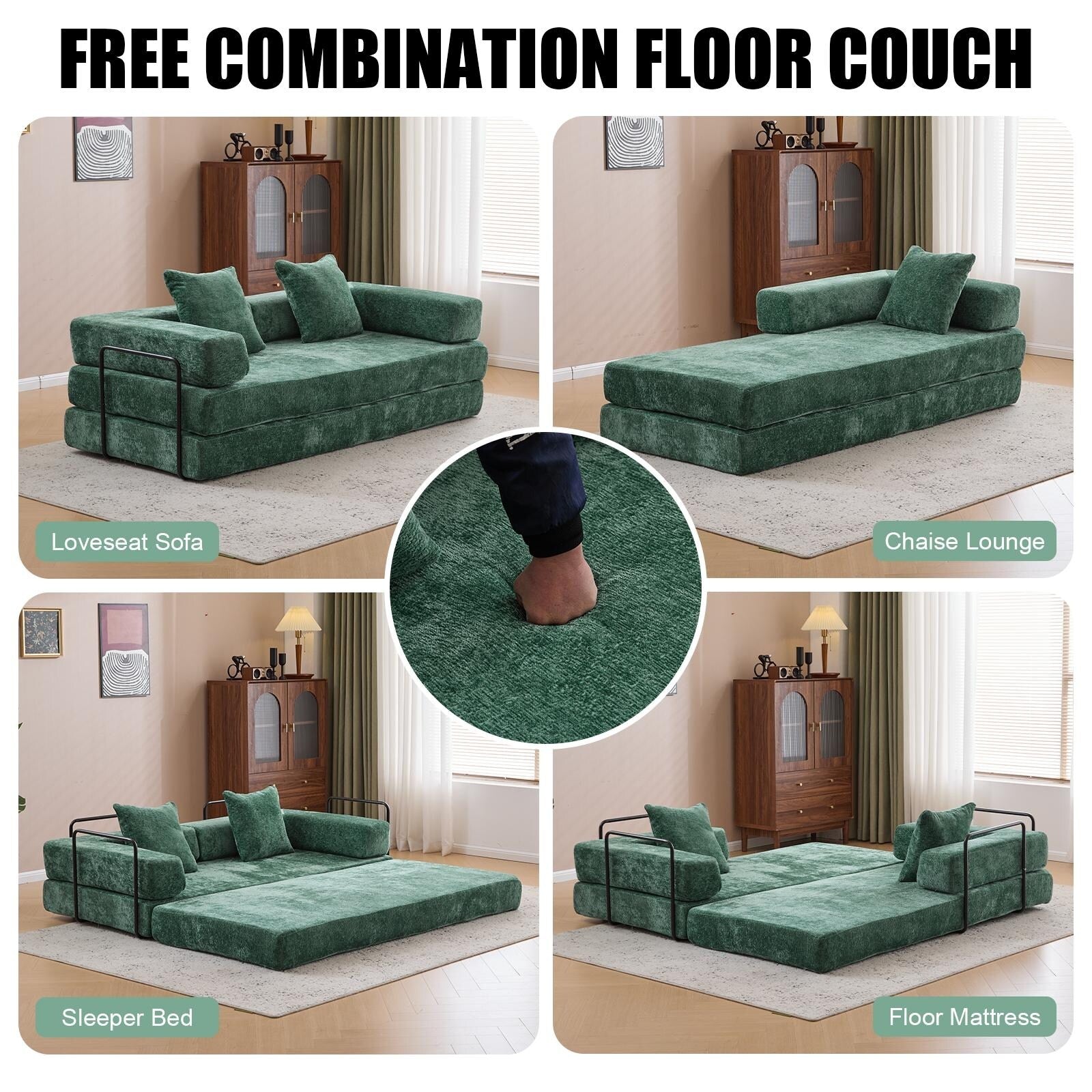 Floor Sofa Bed Convertible with Pillow Back Chenille Fabric for Living Room Bedroom