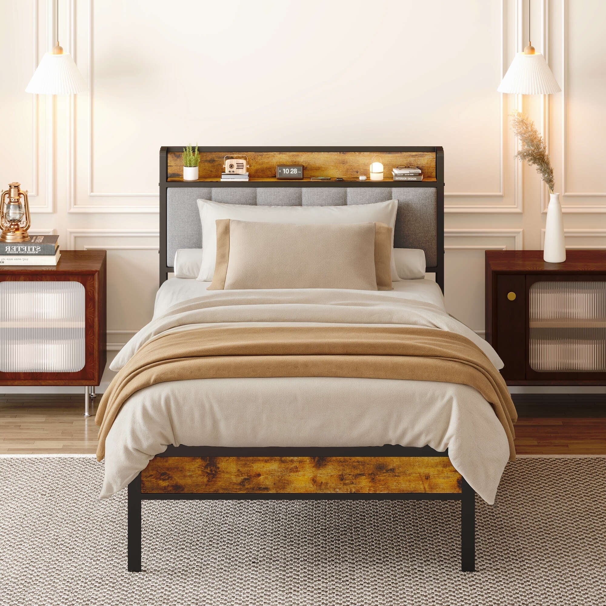 Twin / Full / Queen / King Size Metal Platform Bed Frame with Upholstered Storage Headboard