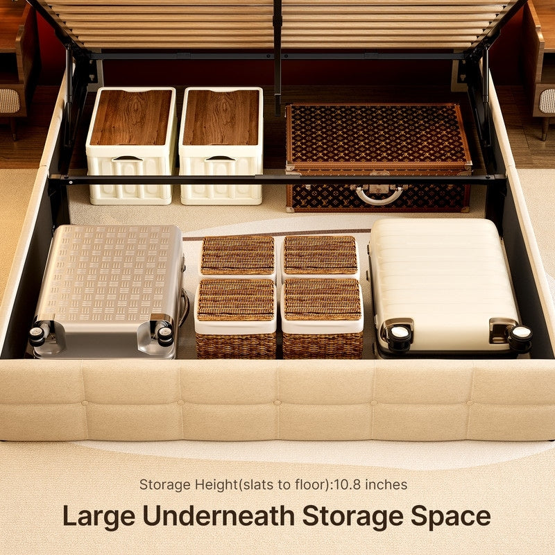 Lift Up Storage Bed Frame, Upholstered Platform Bed Frame with Hydraulic Storage System and Headboard