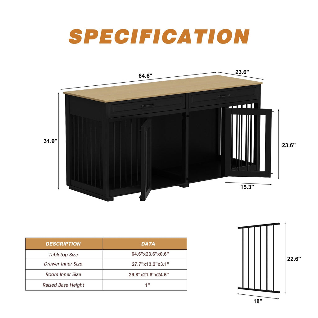 Furniture Style Dog Crate, 64.5 Inch Wooden Large Dog Kennel