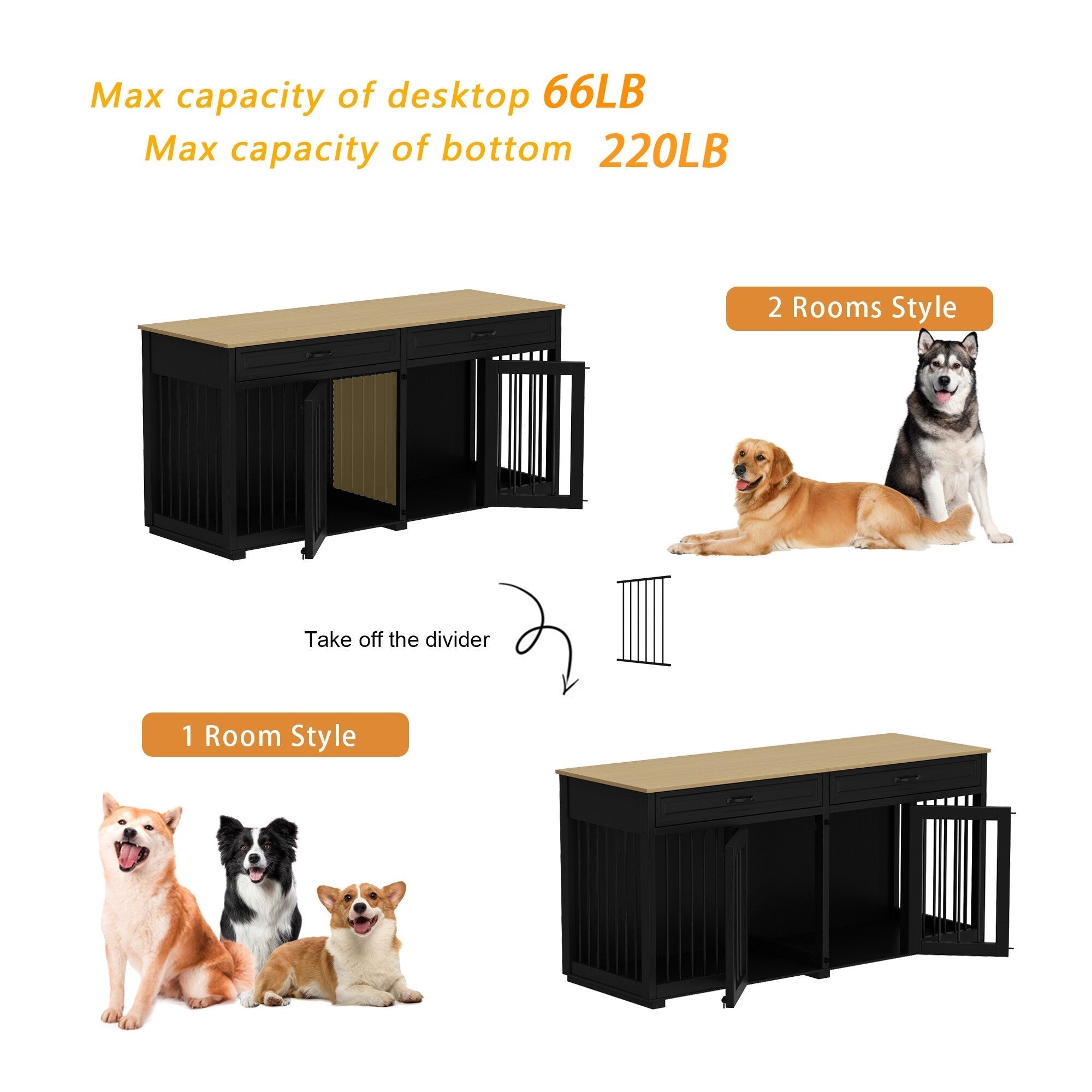 Furniture Style Dog Crate, 64.5 Inch Wooden Large Dog Kennel
