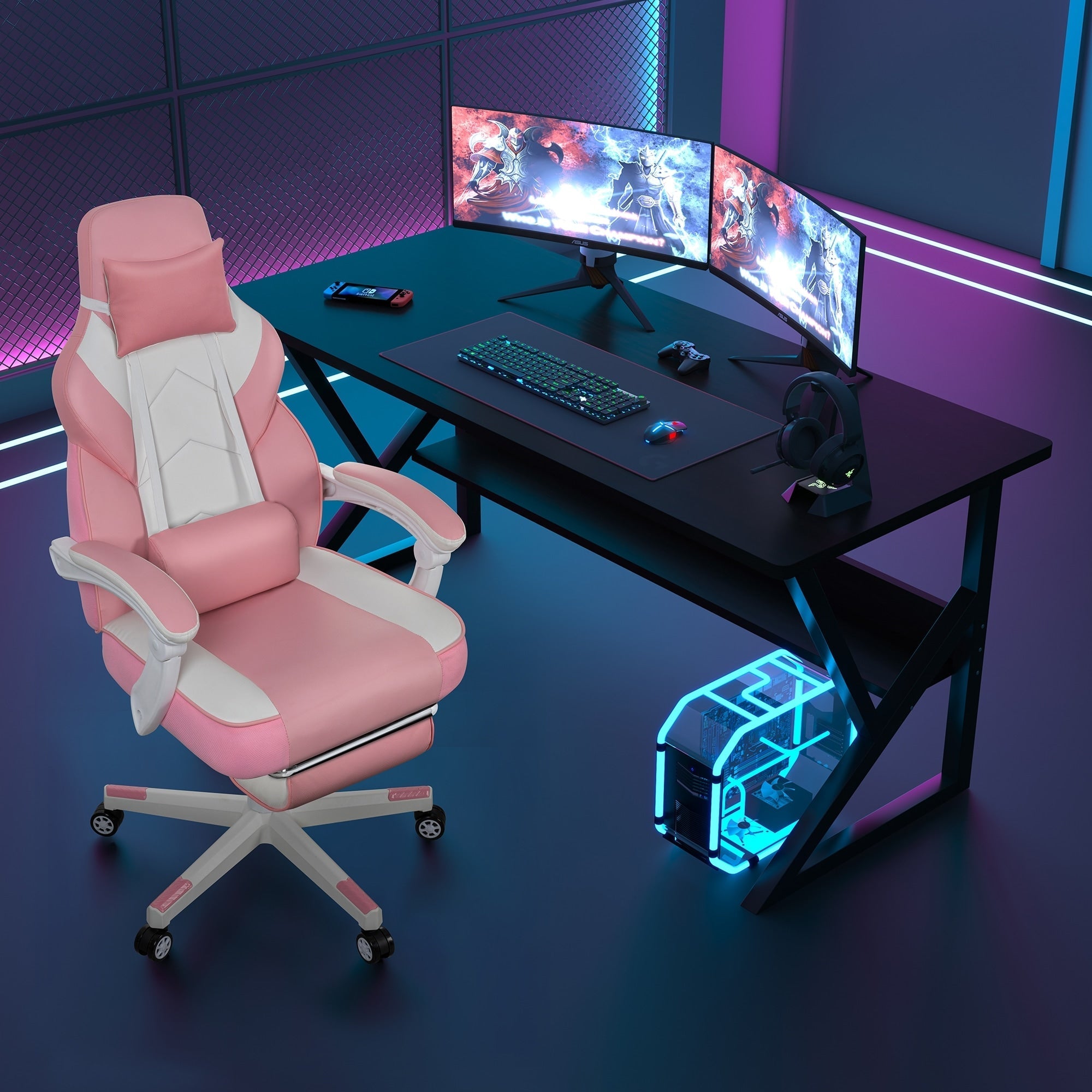 Futzca Gaming Chair PU Leather Office Chair with Headrest, Footrest & Massage Lumbar Support