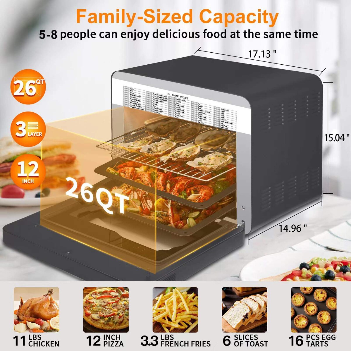Geek Chef 26 QT Steam Air Fryer Toast Oven Combo , 50 Cooking Presets ,Black Stainless Steel