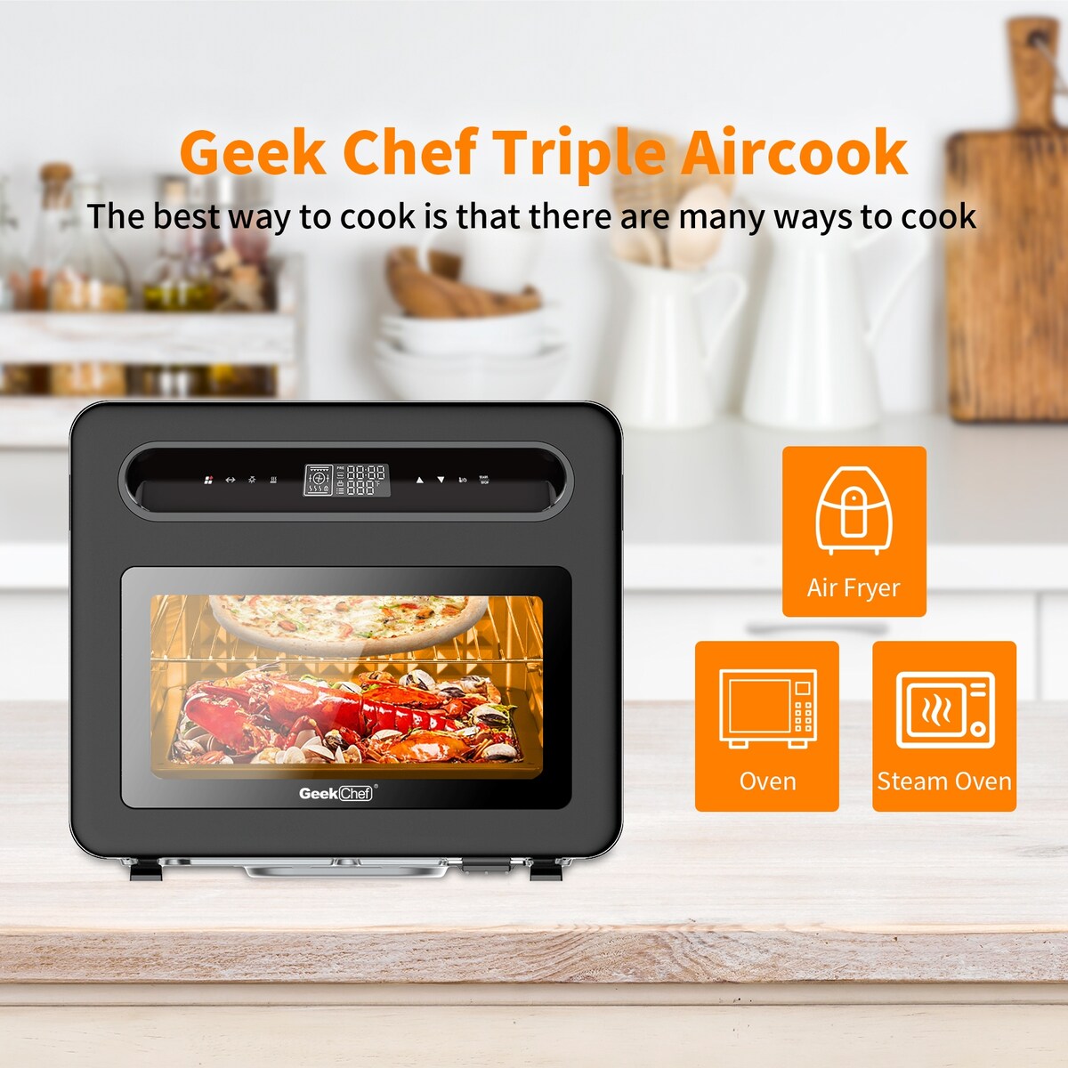 Geek Chef 26 QT Steam Air Fryer Toast Oven Combo , 50 Cooking Presets ,Black Stainless Steel