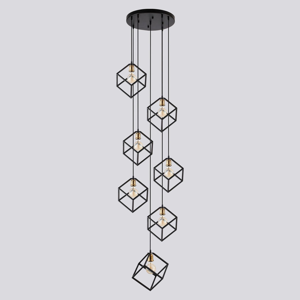 Geometric Pendant Chandelier for Stairway / Staircase, Adjustable Height 5 or 7 Light Cluster