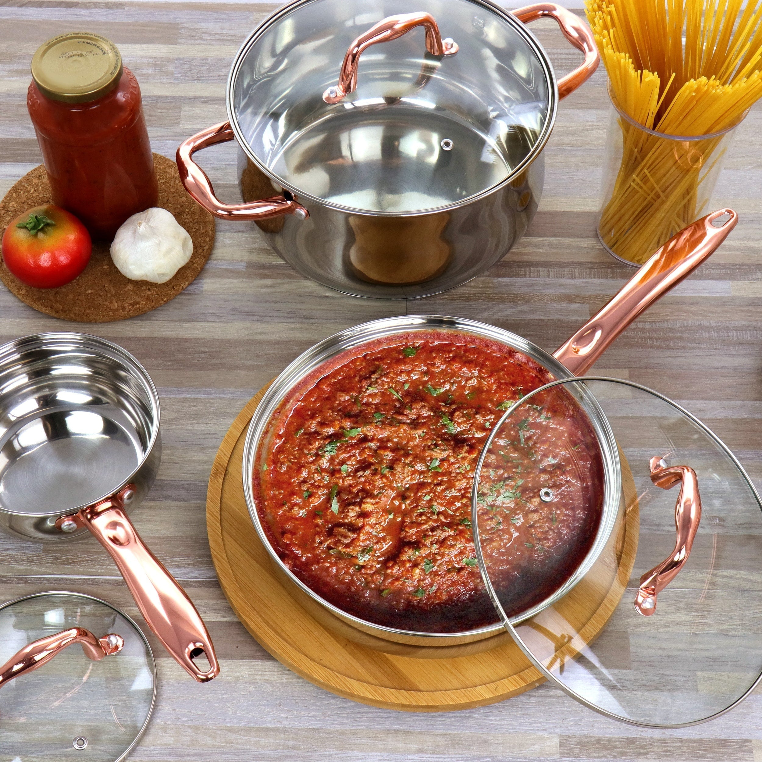 Gibson Home Bransonville 8 Piece Stainless Steel Cookware Set in Chrome and Bronze