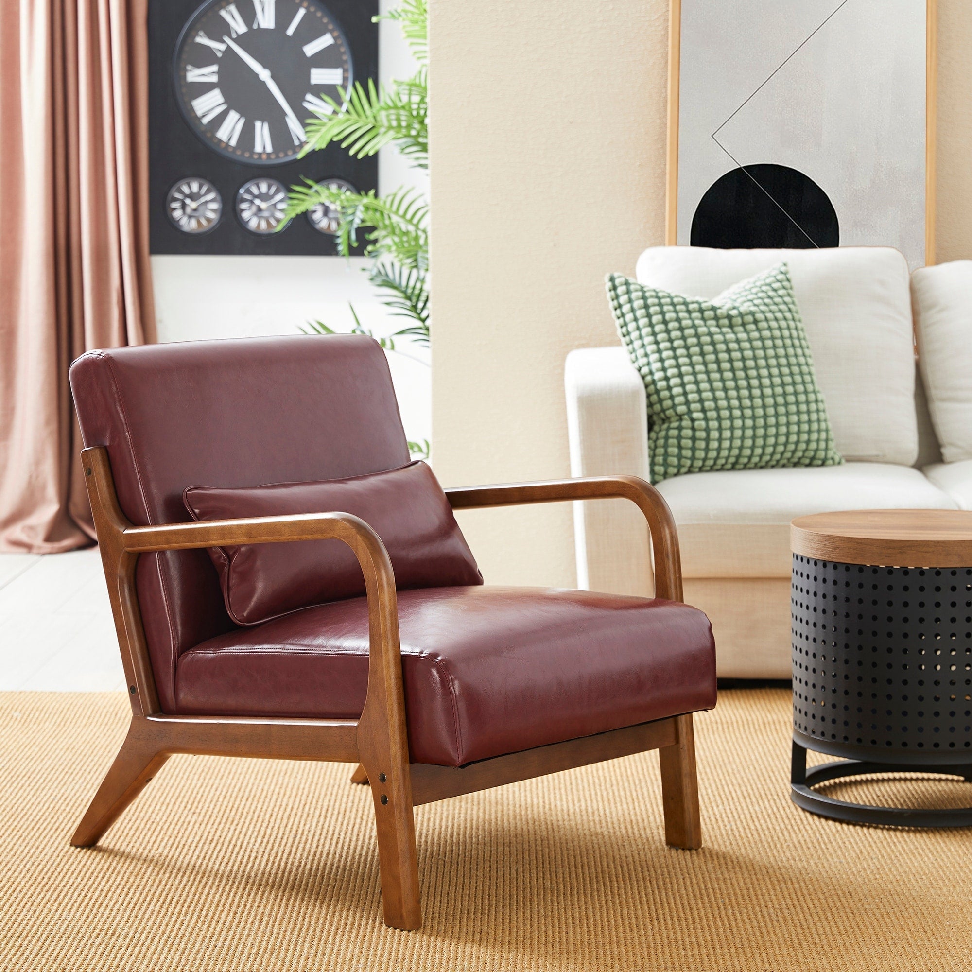Glitzhome 30.75H Mid-Century Modern PU Leather Armchair Accent Chair with Pillow - 25.75W x 33.75D x 30.75H
