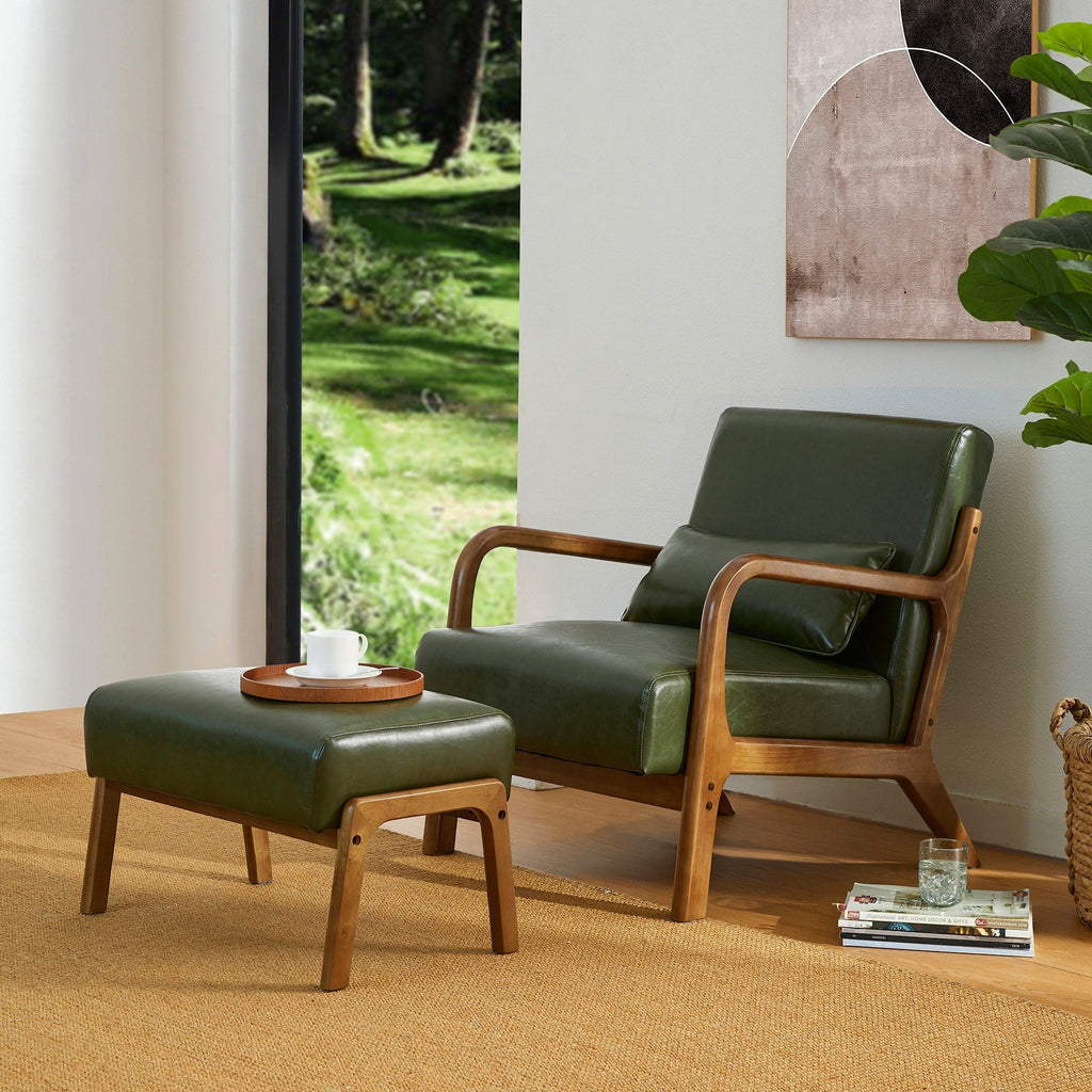 Glitzhome 30.75H Mid-Century Modern PU Leather Armchair Accent Chair with Pillow - 25.75W x 33.75D x 30.75H