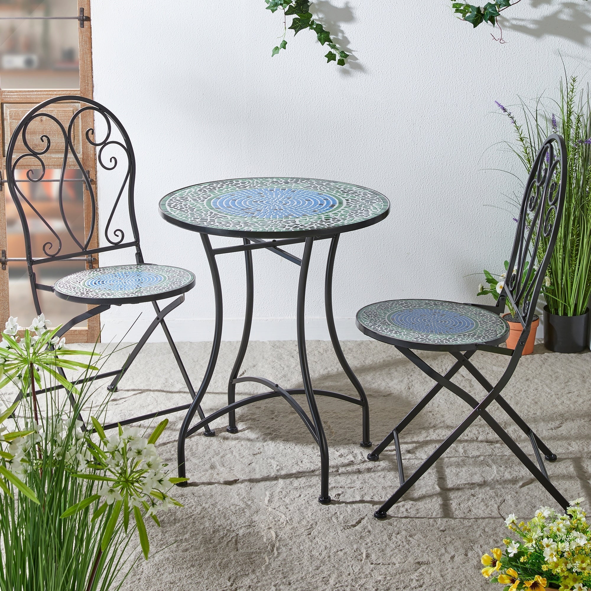 Glitzhome Outdoor Metal Folding Bistro Set 3PCS Patio Table Chairs