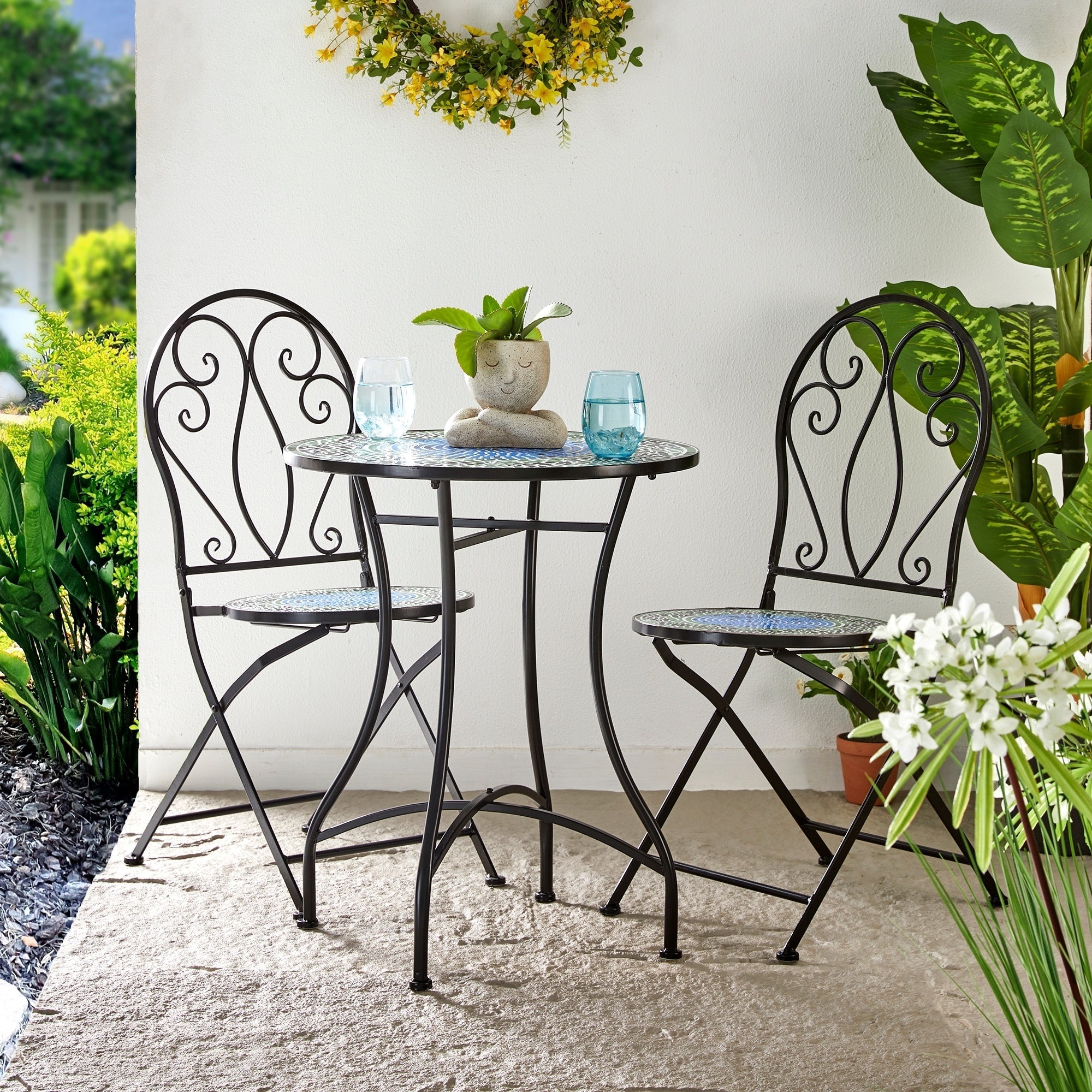 Glitzhome Outdoor Metal Folding Bistro Set 3PCS Patio Table Chairs