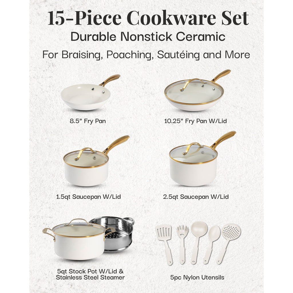 Gotham Steel Cream Pots and Pans 15 Piece Ultra Nonstick Ceramic Cookware Set with Utensils