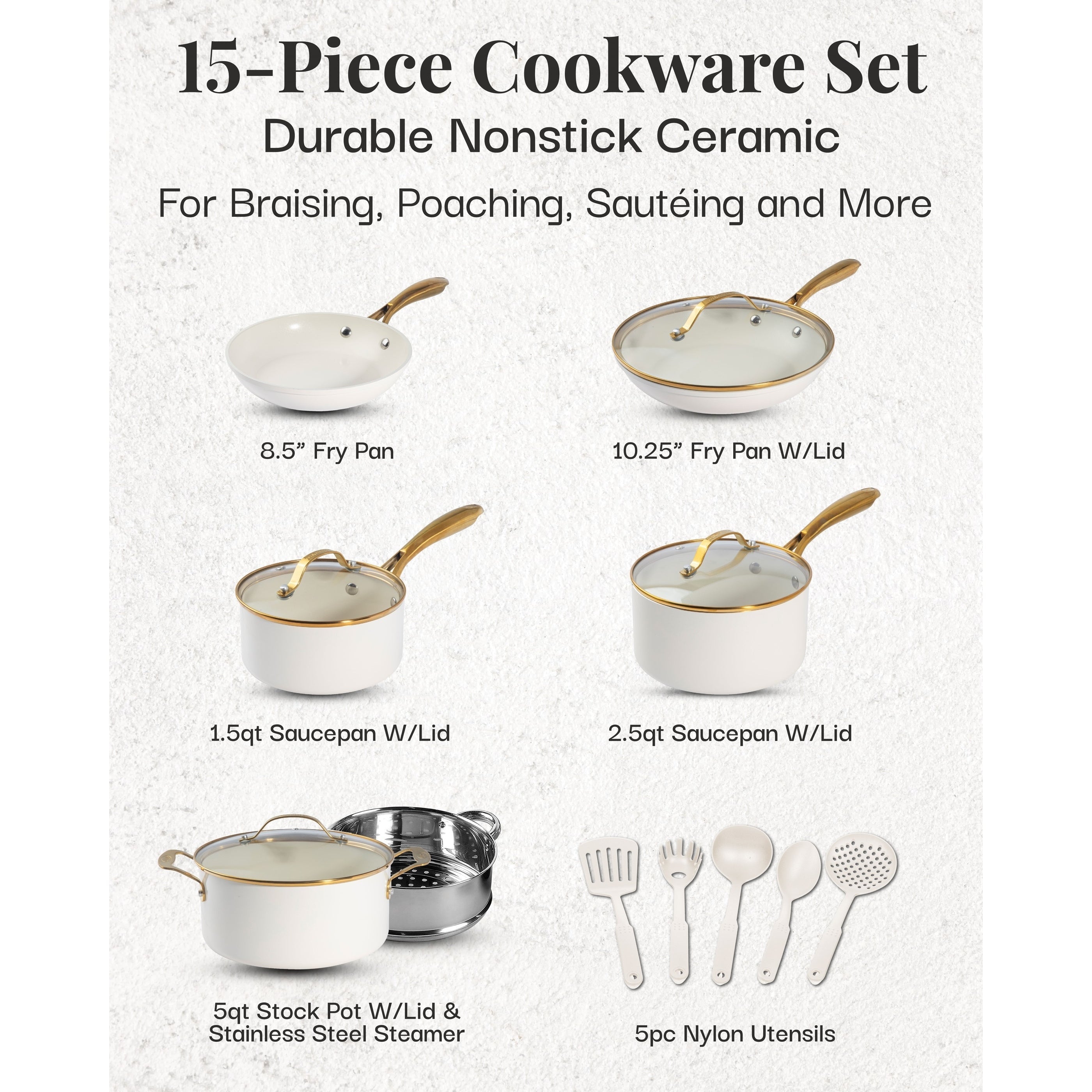 Gotham Steel Cream Pots and Pans 15 Piece Ultra Nonstick Ceramic Cookware Set with Utensils