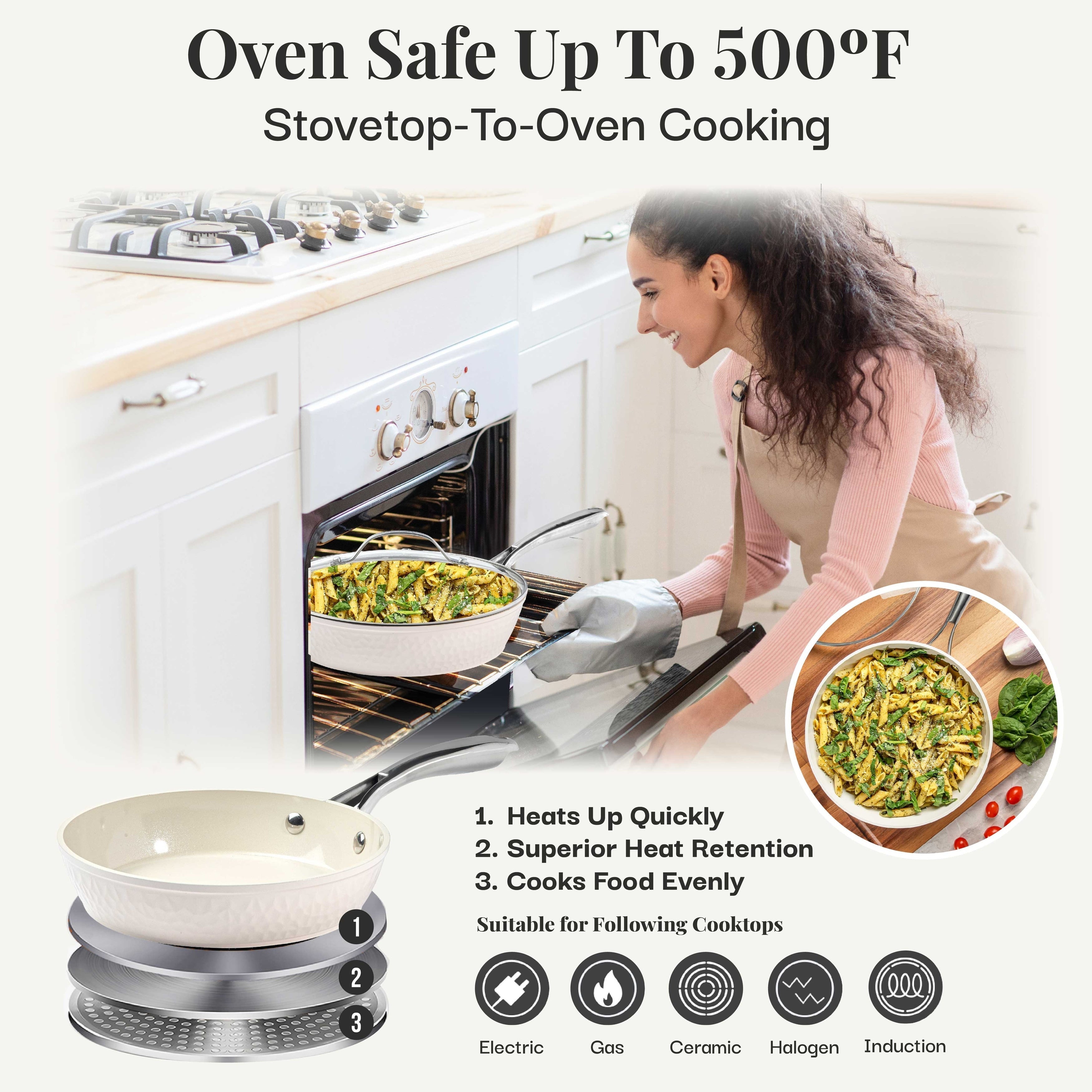 Gotham Steel Hammered Cream 15 Piece Pots and Pans Ultra Ceramic Nonstick Cookware Set with Utensils