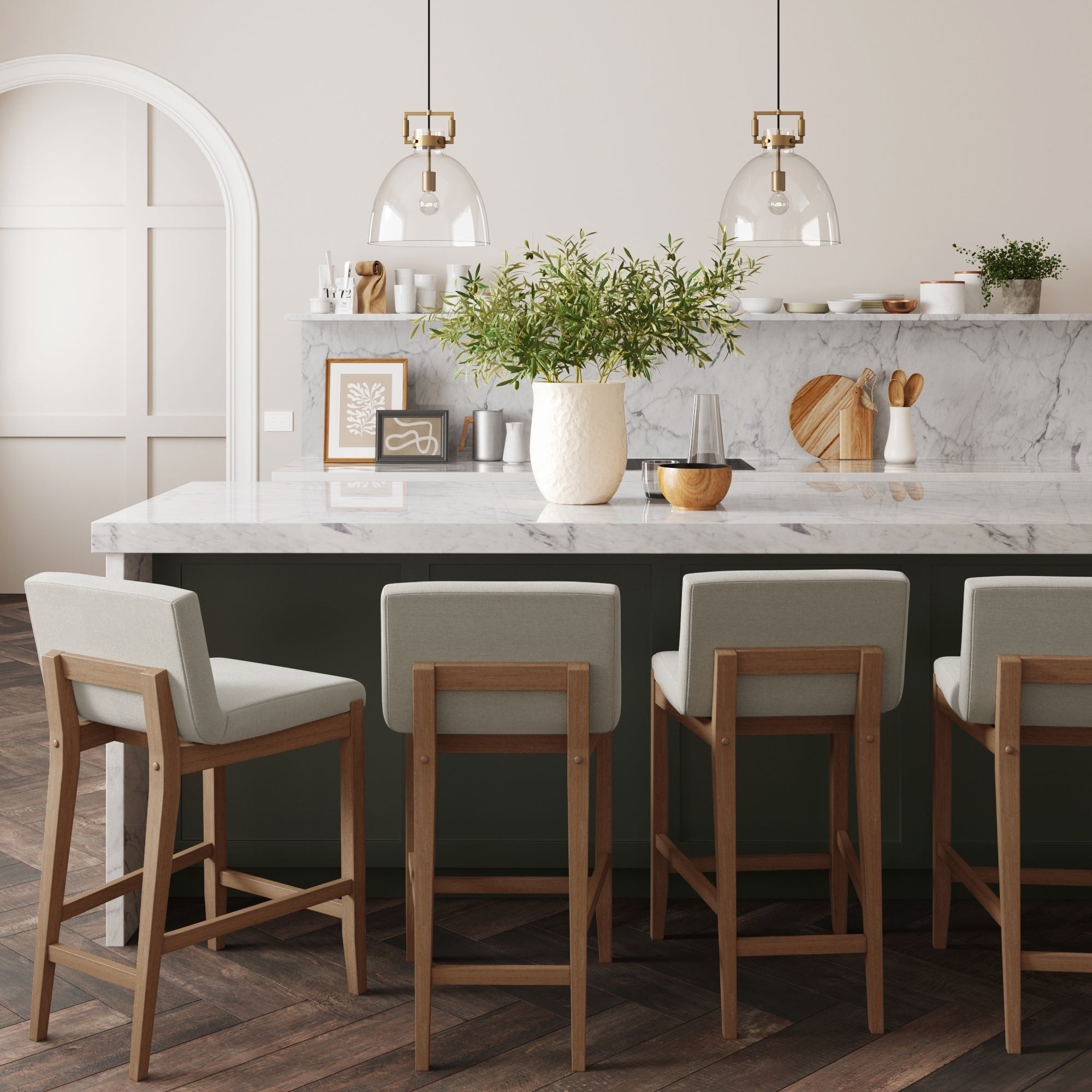 Gracie Modern Bar Stool, Boucle Upholstered Chair and Brushed Wooden Legs