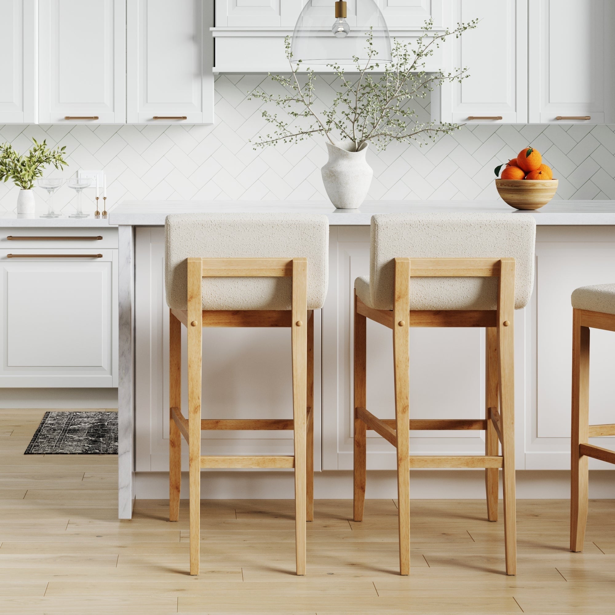 Gracie Modern Bar Stool, Boucle Upholstered Chair and Brushed Wooden Legs