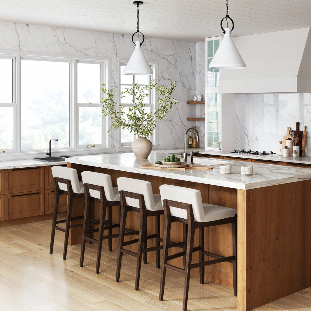 Gracie Modern Bar Stool, Boucle Upholstered Chair and Brushed Wooden Legs