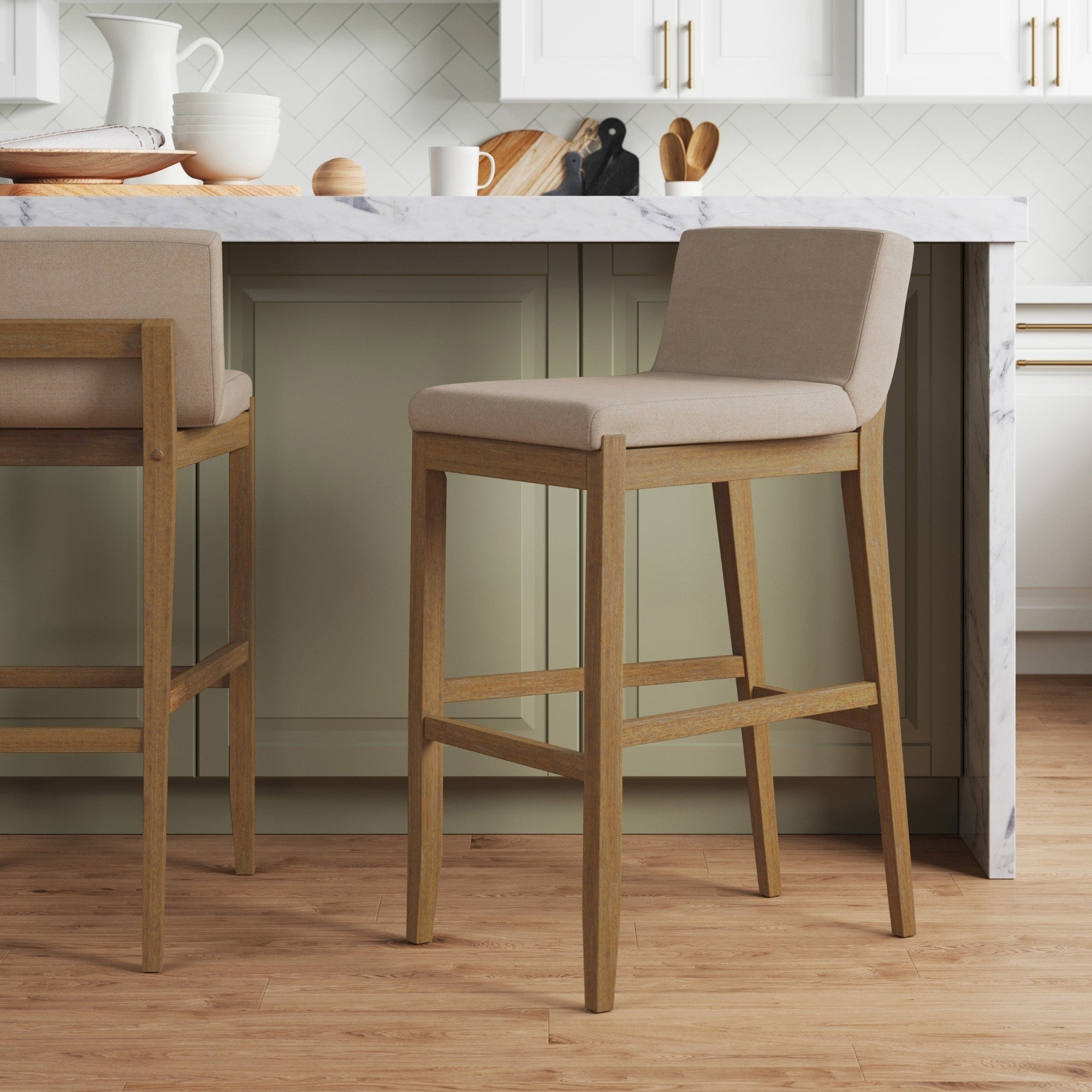 Gracie Modern Bar Stool, Boucle Upholstered Chair and Brushed Wooden Legs