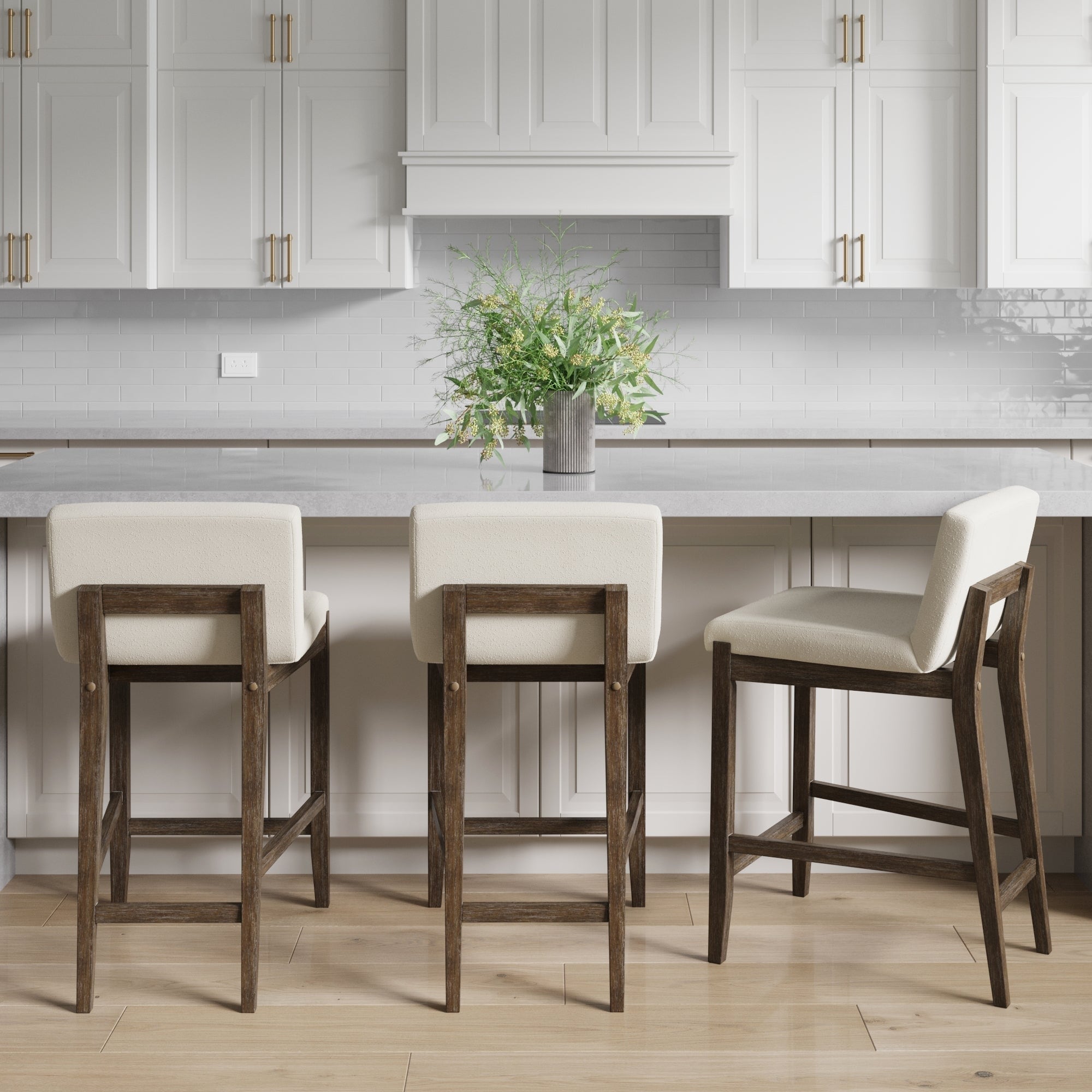 Gracie Modern Bar Stool, Boucle Upholstered Chair and Brushed Wooden Legs